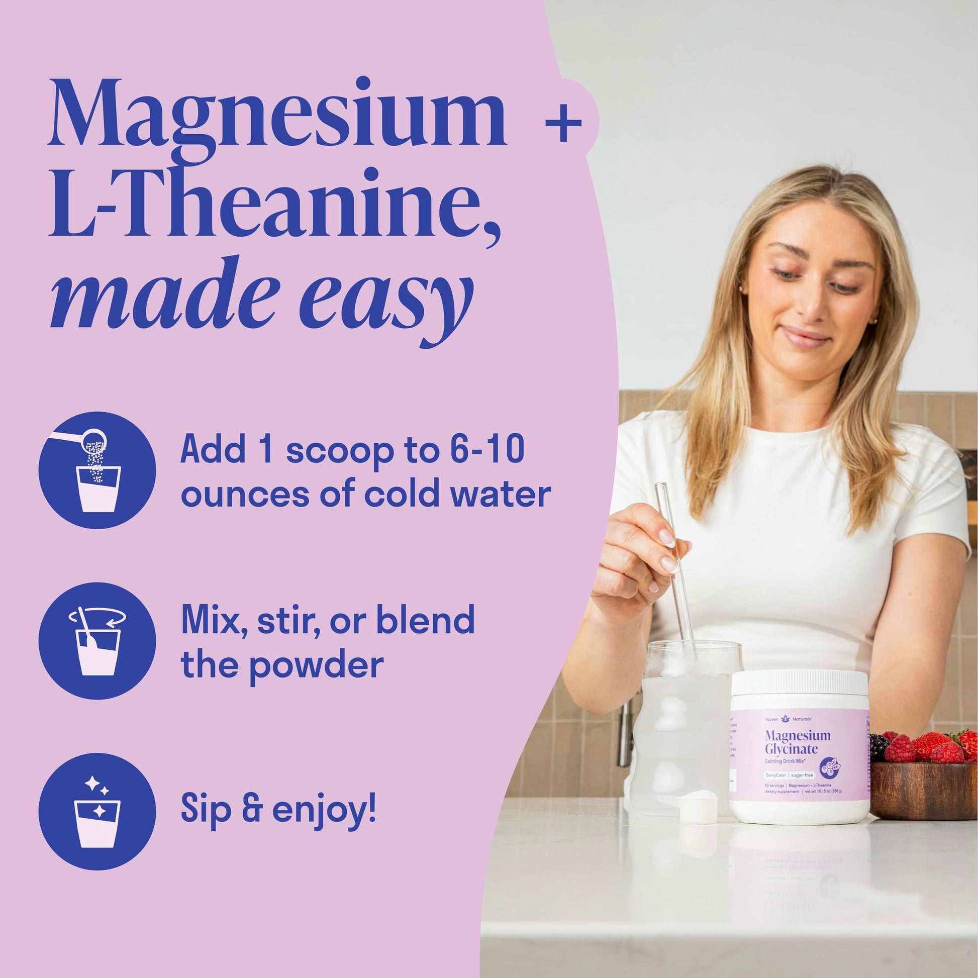 Magnesium Glycinate Powder + L-Theanine | 60 Servings | 300 mg per Scoop High Absorption Chelated Magnesium Powder for Sleep - Natural Mixed Berry Flavor, No Sugar, Support Restful Sleep & Relaxation Nuven Naturals Au supplements