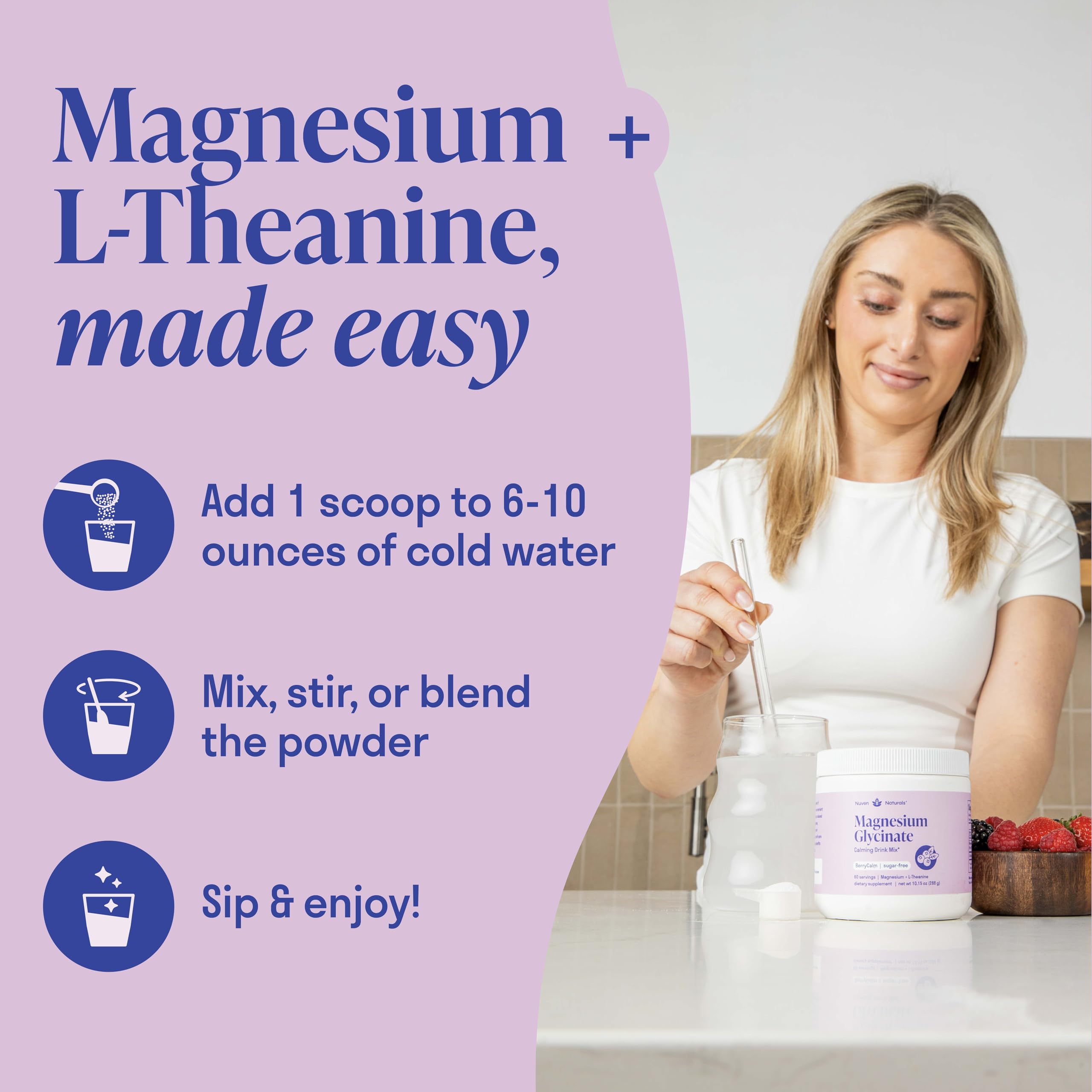 Magnesium Glycinate Powder + L-Theanine | 60 Servings | 300 mg per Scoop High Absorption Chelated Magnesium Powder for Sleep - Natural Mixed Berry Flavor, No Sugar, Support Restful Sleep & Relaxation Nuven Naturals Au supplements