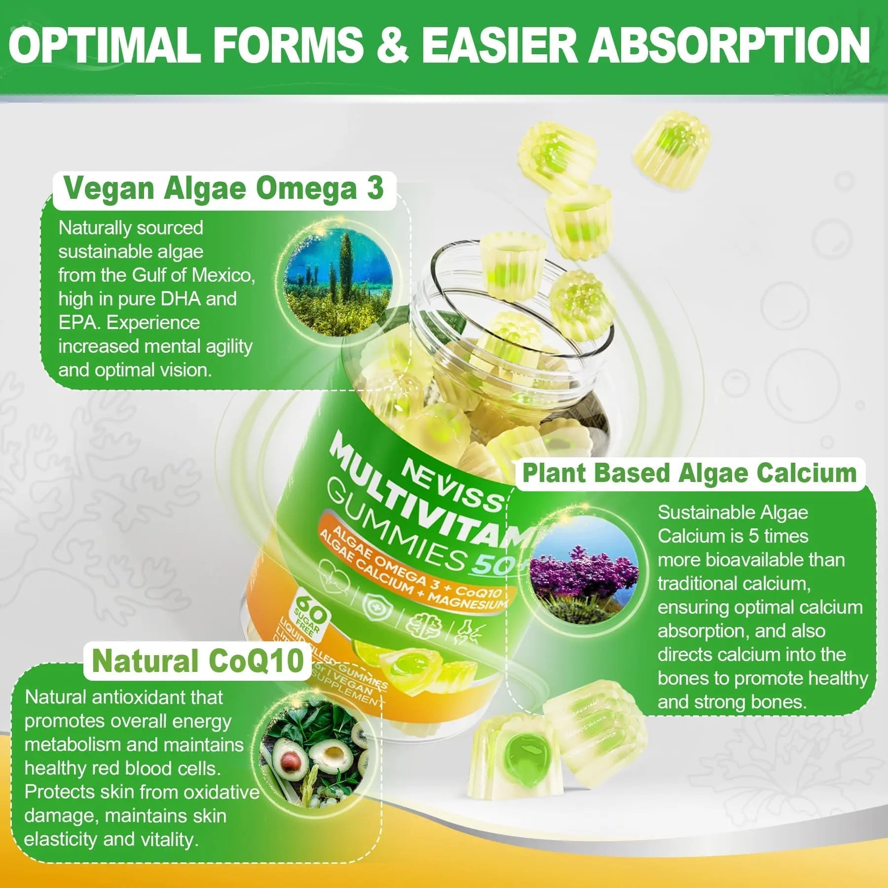 NEVISS 50+ Daily Gummy Multivitamin Algae Omega 3 & Calcium, CoQ10, Magnesium + Vitamin D3 5000IU Gummies 125mcg with Calcium 600mg, K2(MK7) 200mcg NEVISS Au supplements