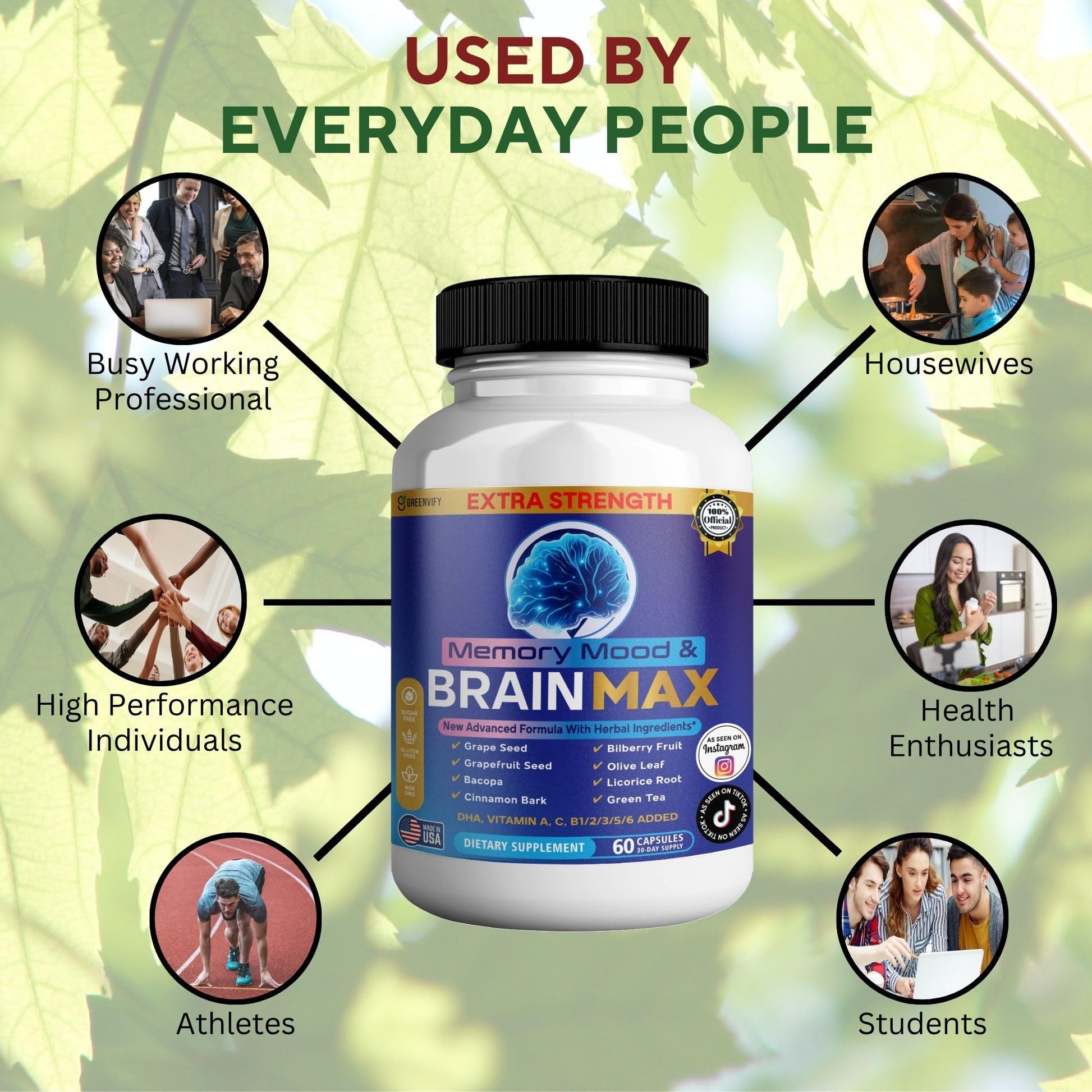 Memory, Mood & Brain Max Extra Strength Supplement with Herbal Ingredients, 60 Capsules, DHA, Vitamins, Bacopa, Green Tea (1) GREENVIFY Au supplements