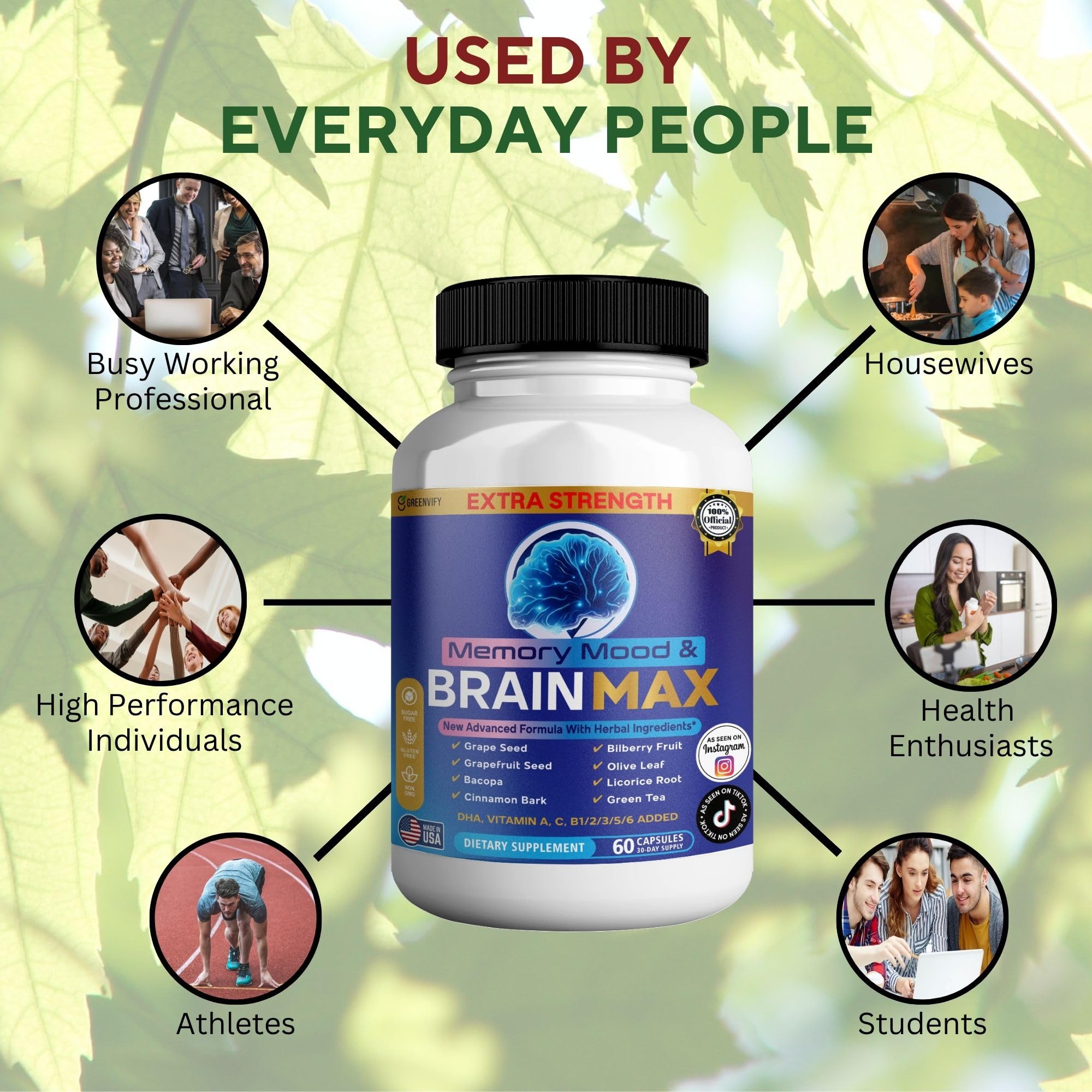 Memory, Mood & Brain Max Extra Strength Supplement with Herbal Ingredients, 60 Capsules, DHA, Vitamins, Bacopa, Green Tea (1) GREENVIFY Au supplements