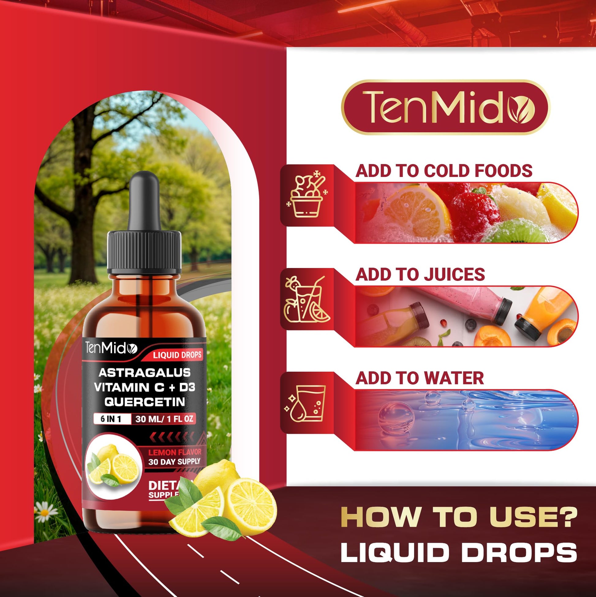 Tenmido 6-in-1 Astragalus Root Tincture - Herbal Extract Supplements with Quercetin, Rhodiola Rosea, Vitamin D3, Vitamin C, and Zinc - Vegan, Non-GMO - 30ml 1 Fl Oz Tenmido Au supplements