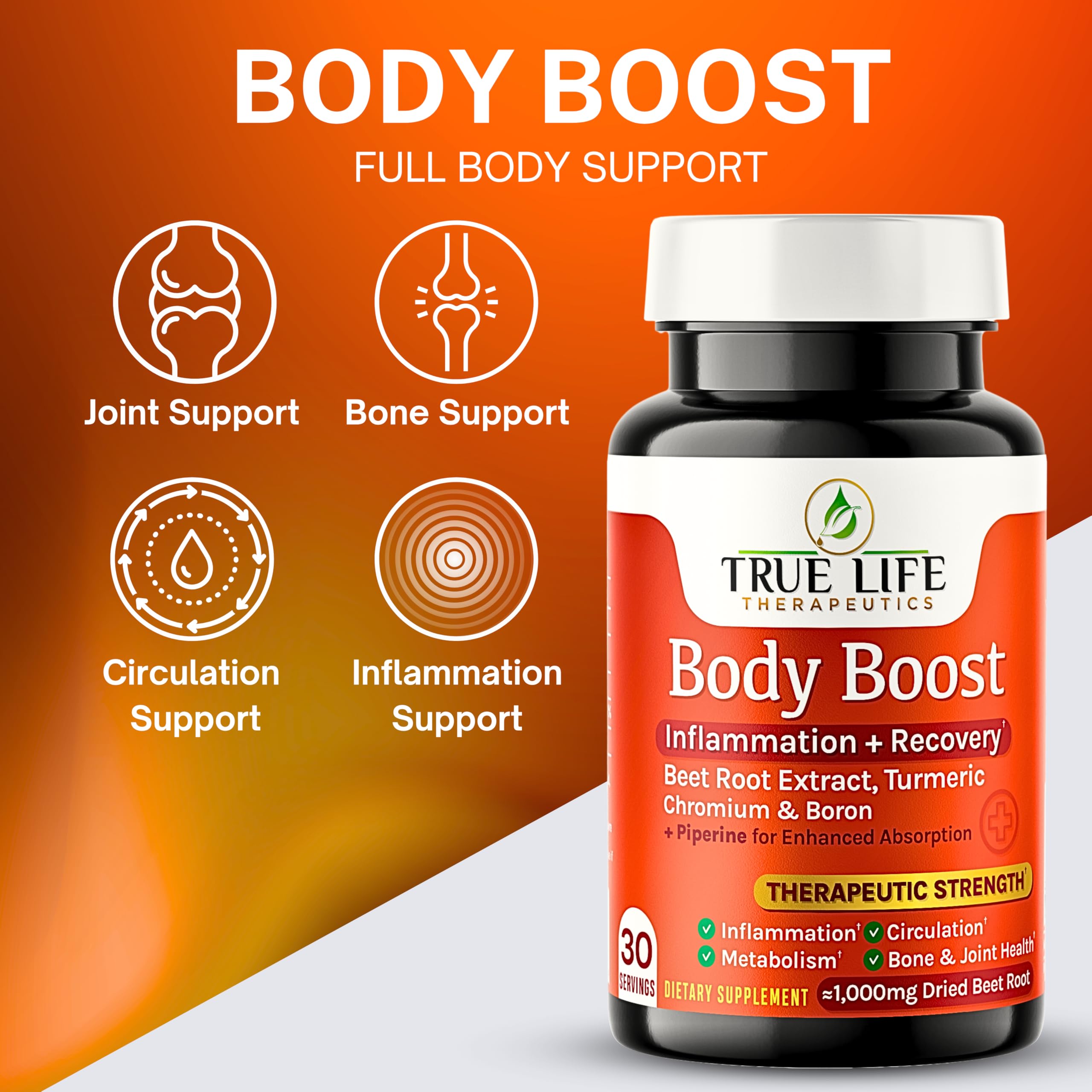 Body Support Tablets – Beet Root Extract, Turmeric Boron & Chromium – Supports Inflammation, Circulation, Hormonal Balance & Metabolic Function – 60ct - 30 Servings True Life Therapeutics Au supplements