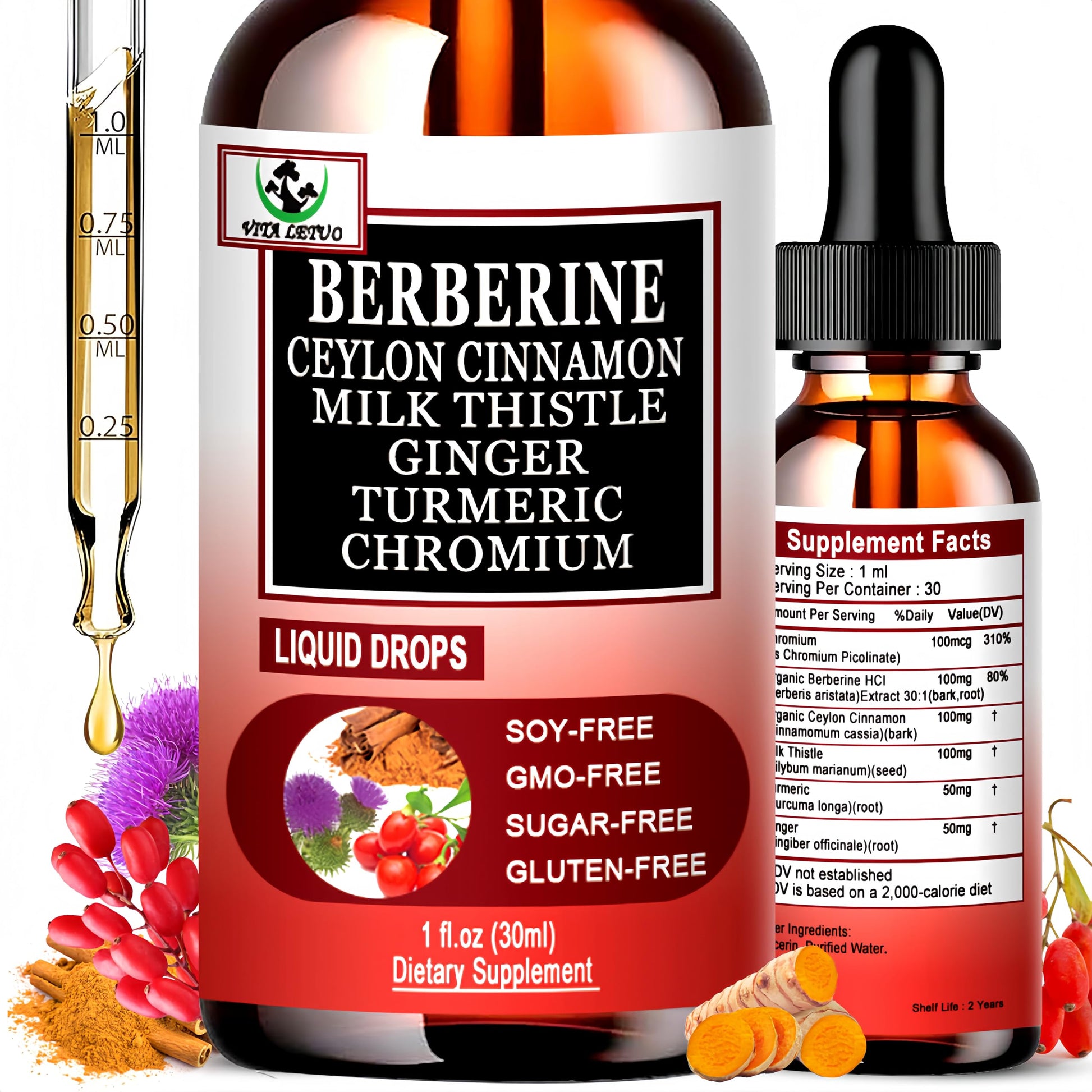 Berberine Drops, High Absorption 6-in-1 Liquid Berberine Supplement with Ceylon Cinnamon Milk Thistle Turmeric, Premium Berberine HCl for Immune Function Metabolic & Digestive Support, 30 Servings Vita letuo Au supplements