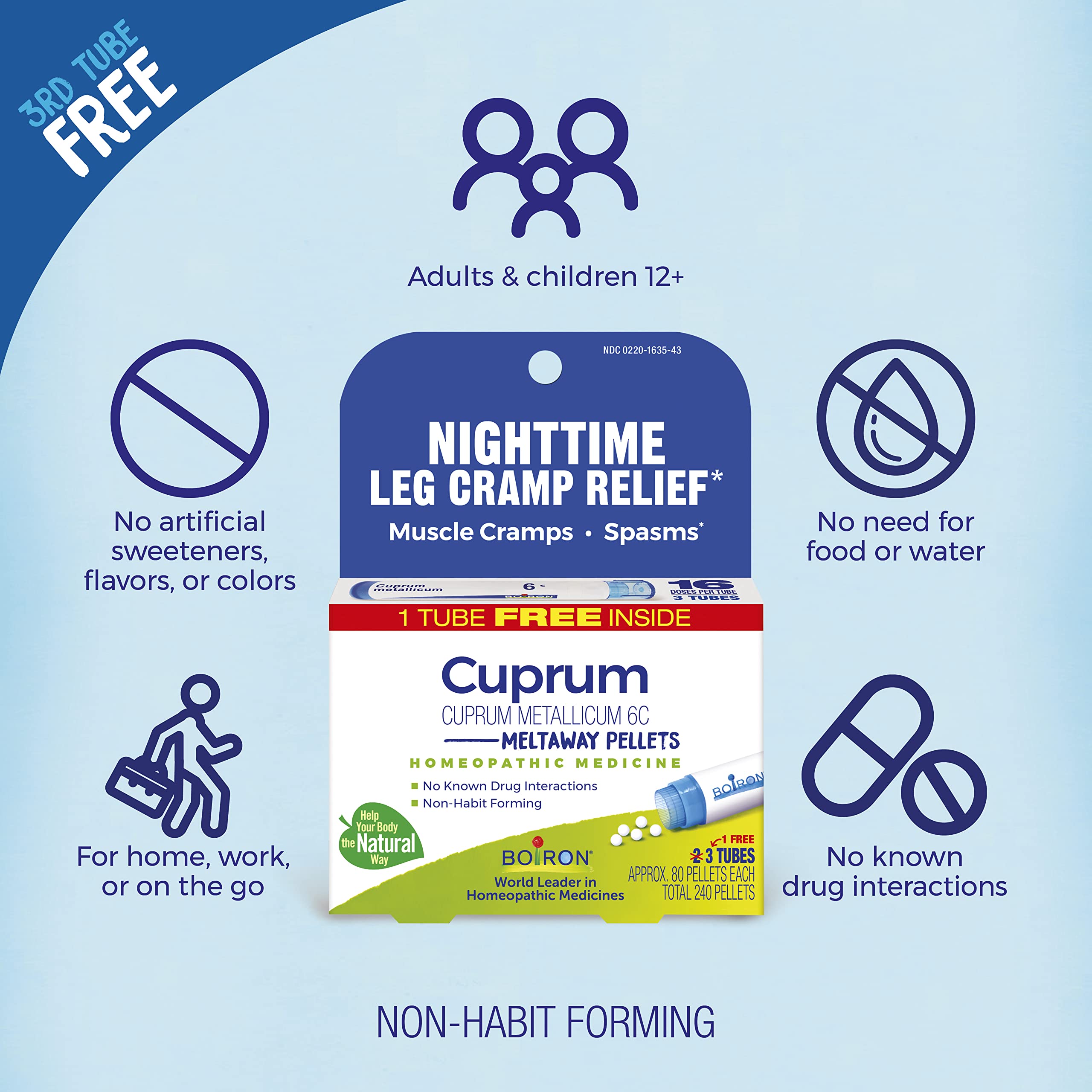 Boiron Cuprum Metallicum 6C Homeopathic Medicine for Nighttime Leg Cramp Relief, Muscle Cramps, and Spasms - 3 Count (240 Pellets) Boiron Au supplements