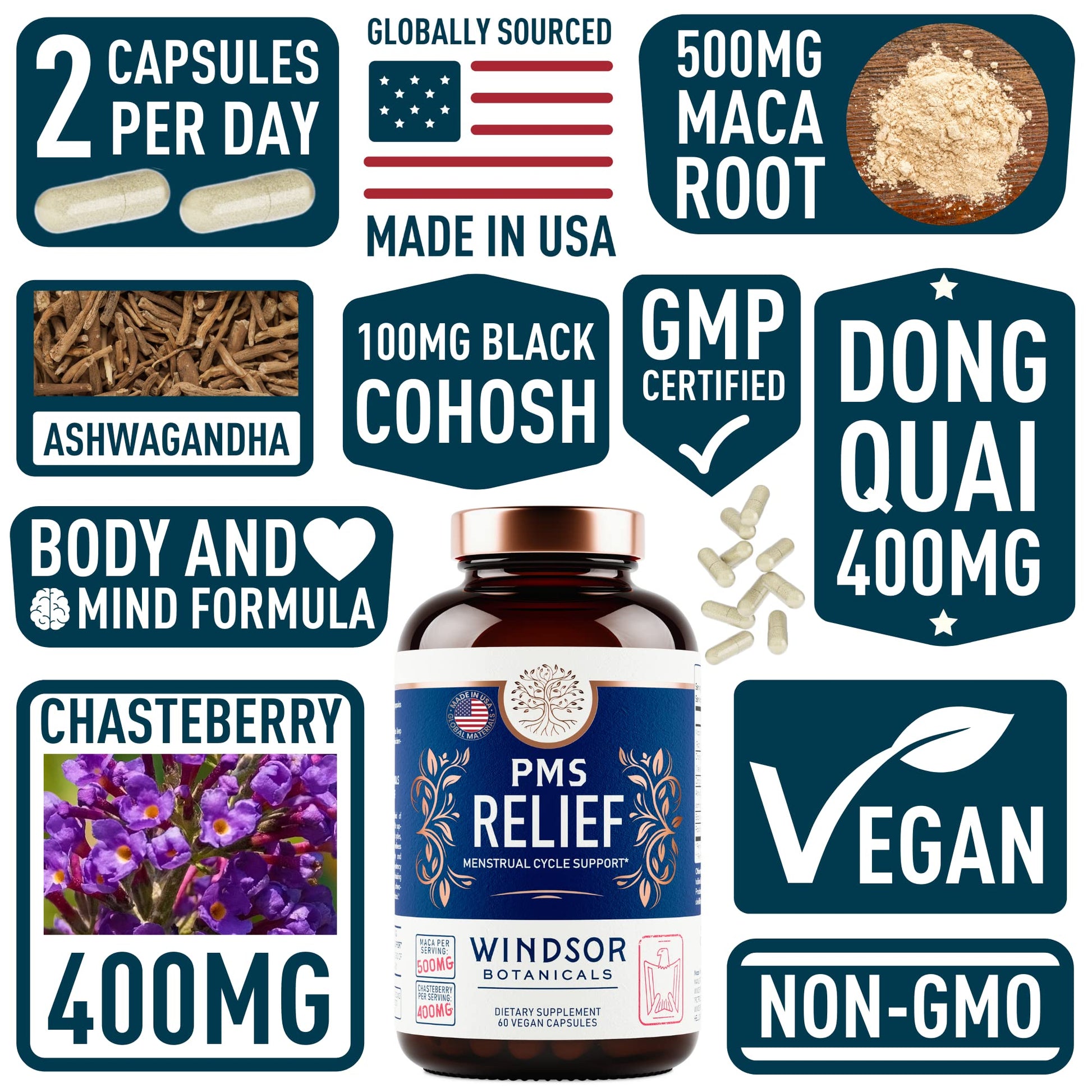 PMS Support Supplement for Women with Chasteberry, Maca Root, Ashwagandha - Period Relief, Bloating Relief for Women, Mood Support, Hormone Balance Herbal Supplements - 30 Day, 60 Vegan Capsules WINDSOR BOTANICALS Au supplements