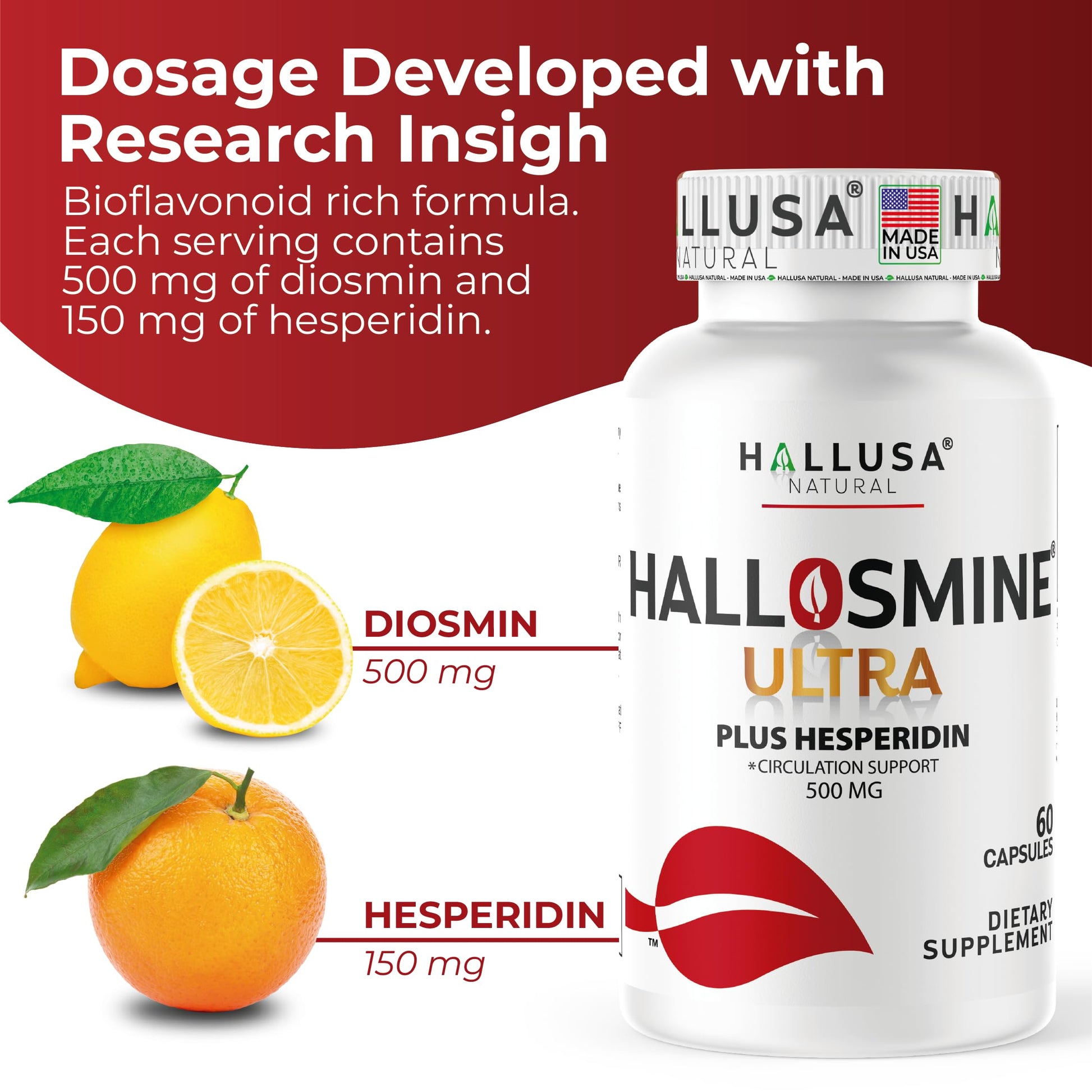 Hallusa Natural Hallosmine Ultra Diosmin 500mg & Hesperidin 150mg – Heavy Legs, Swelling & Vein - Blood Circulation Supplements, 60 Caps Hallusa Natural Au supplements