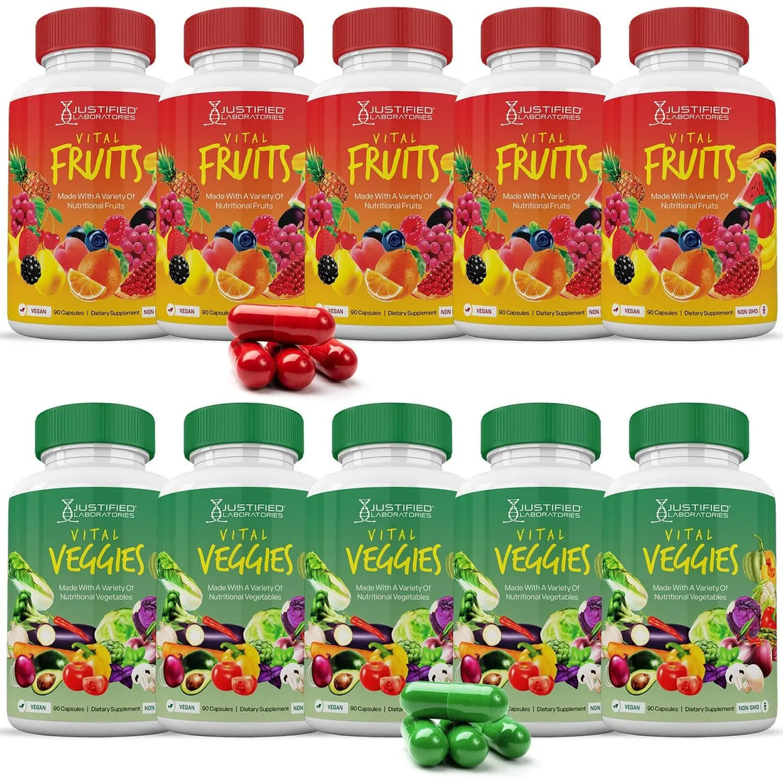 (10 Pack) Vital Fruits and Veggies Supplement Whole Food Red & Green Superfoods Non GMO Vegan Friendly 900 Veggie Capsules 10 Bottles Justified Laboratories Au supplements