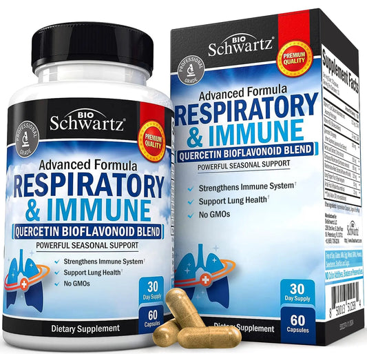 Respiratory & Immune Lung Support Supplement with Quercetin, Vitamin D & Cordyceps, Helps Soothe Respiratory Tissues While Loosening Mucus, Lung Health Vitamins for Women & Men, 60 Capsules BioSchwartzAU supplements