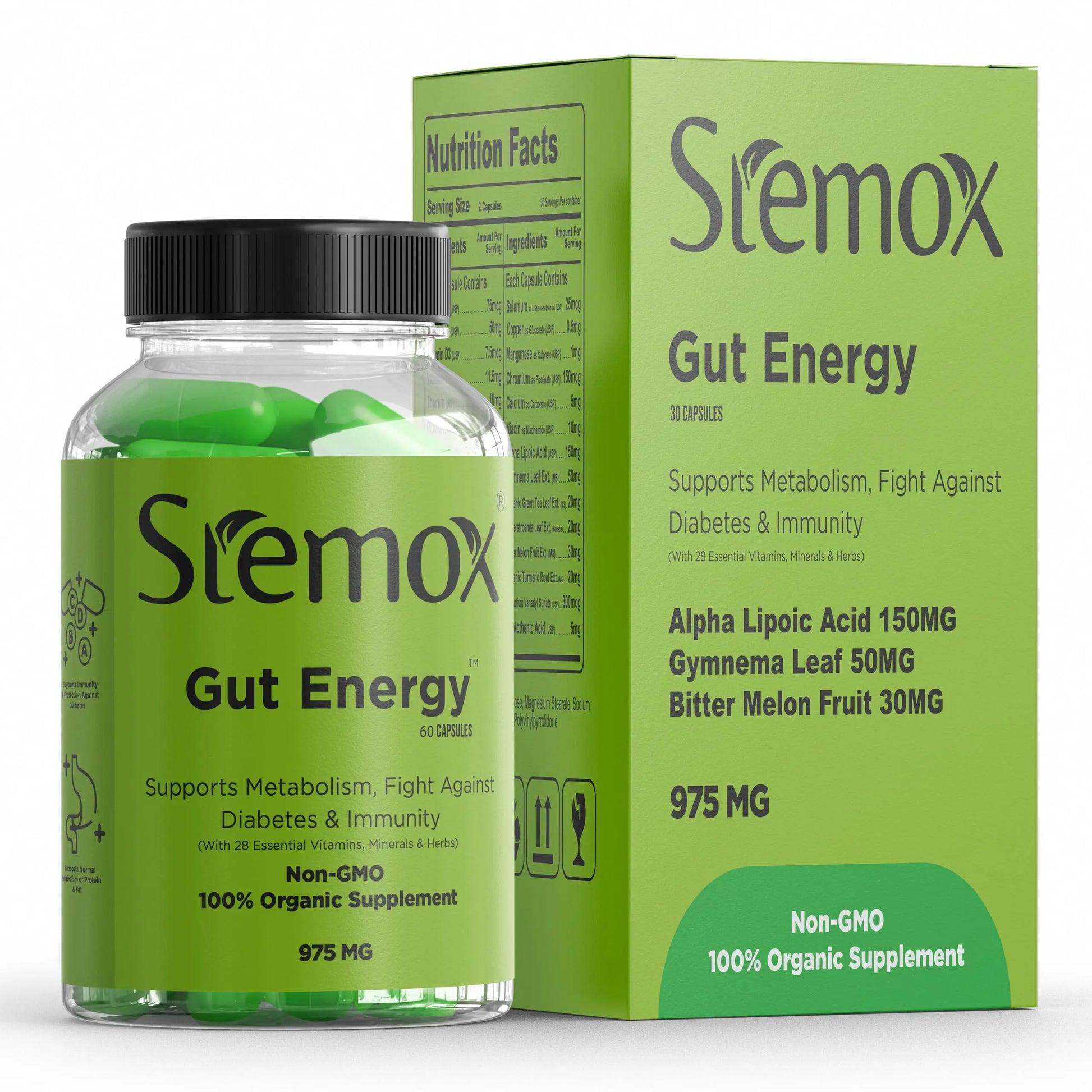 Stemox Gut Energy – Natural Energy & Metabolism Support Supplement with Biotin, Chromium, Alpha Lipoic Acid & Organic Herbal Extracts – Blood Sugar & Gut Health Support – 60 Vegan Capsules Stemox Au supplements