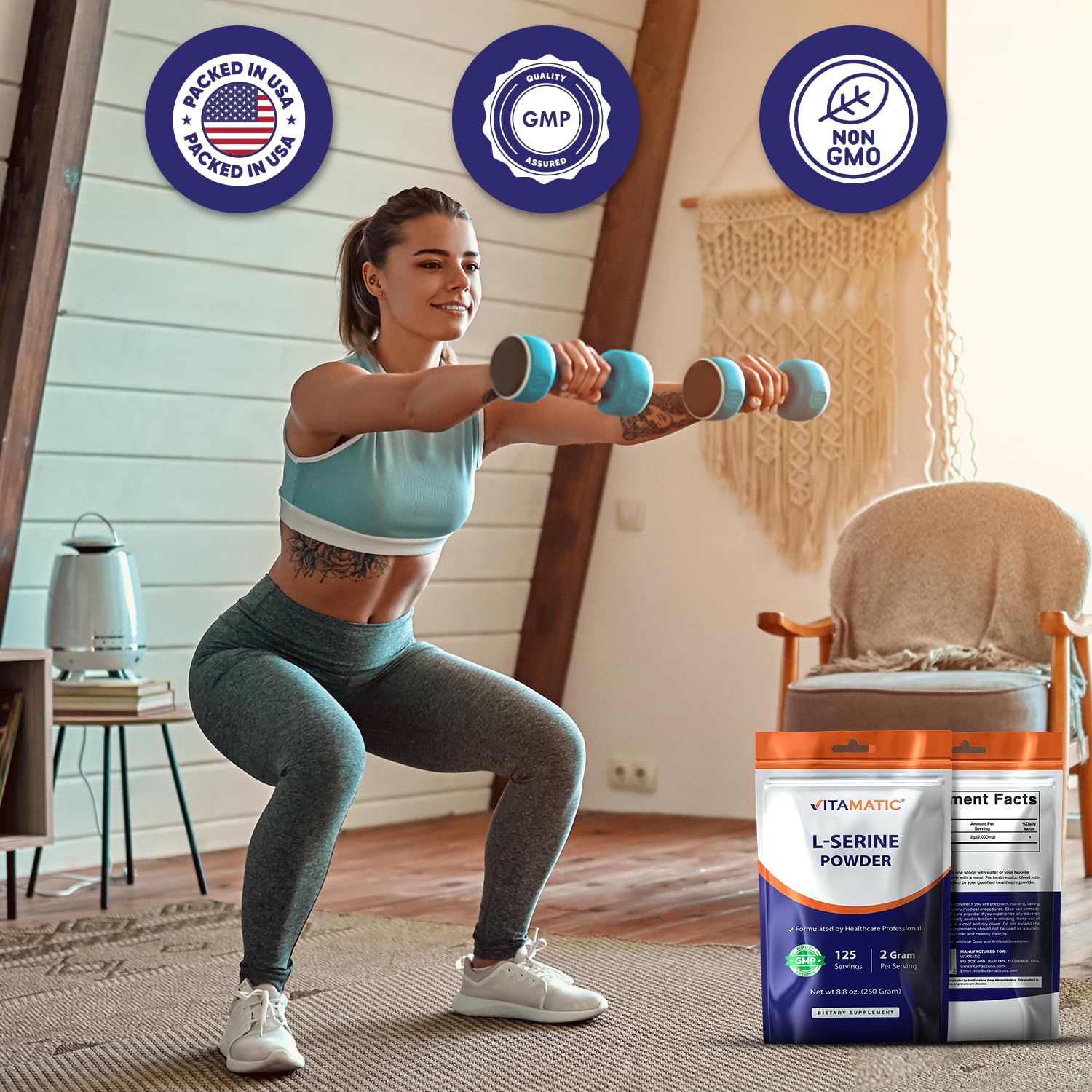 Vitamatic L-Serine Pure Powder 250 Gram | 2000 mg per Serving | 125 Servings | Unflavored | No Additives | Free of Soy, Eggs, Fish & Artificial Ingredients Vitamatic Au supplements