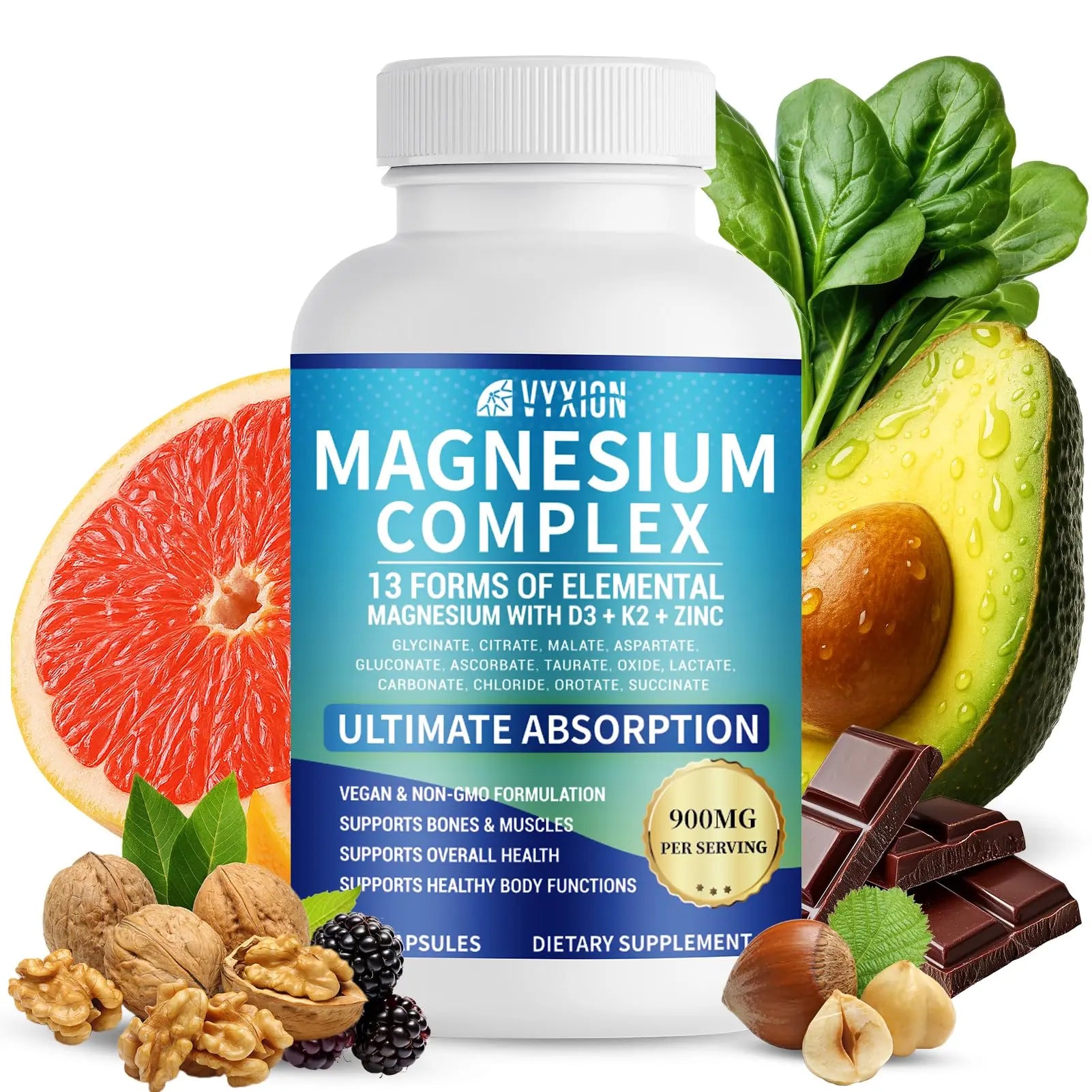 VYXION Magnesium Complex 900mg per Serving – High Absorption Magnesium Glycinate with Vitamin D3 K2 Zinc & B Vitamins – Sleep, Calm, Muscle & Nerve Support – 90 Capsules Vyxion Au supplements
