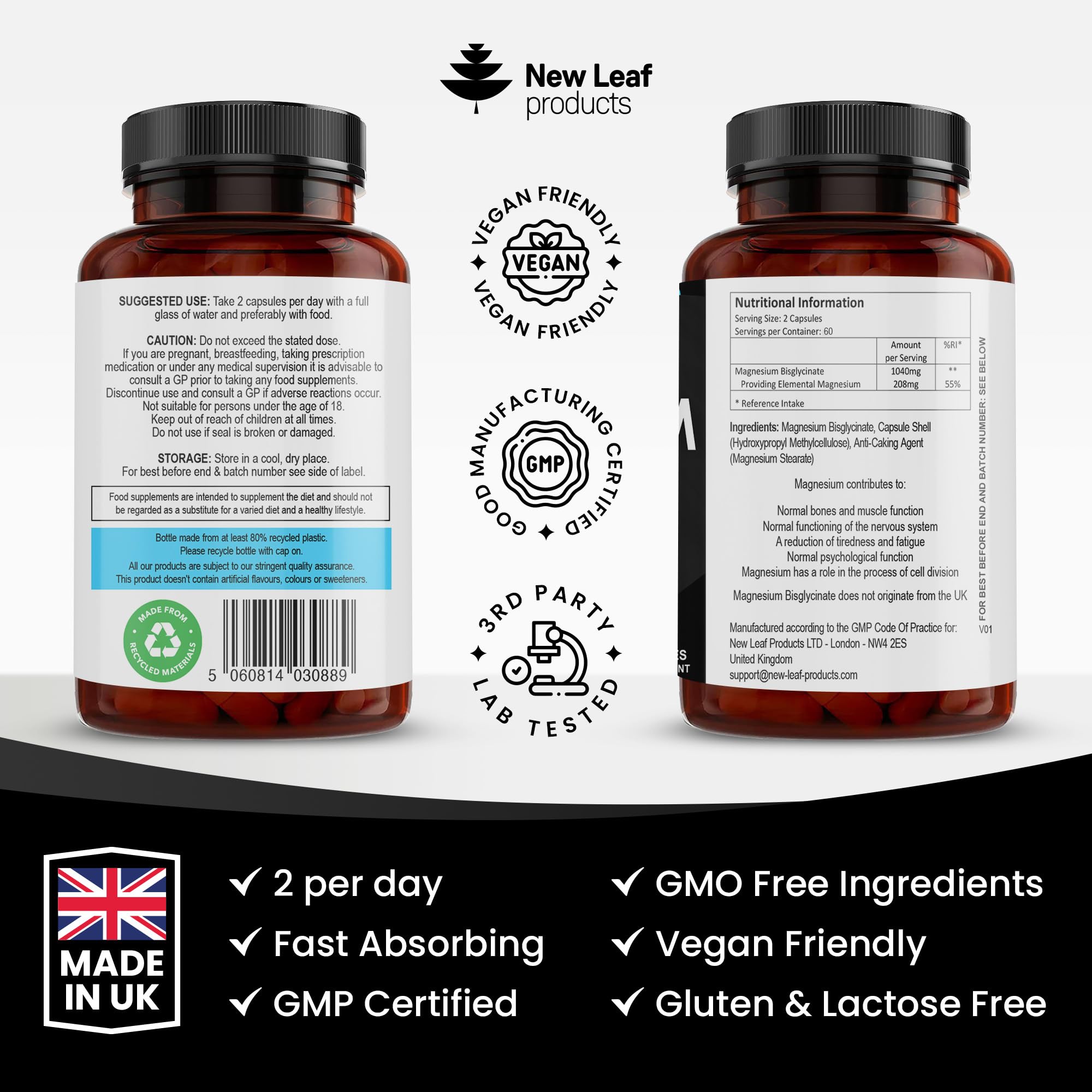 Magnesium Glycinate Supplements - 1040mg of Magnesium - 120 High Strength Capsules NEW LEAF PRODUCTS Au supplements