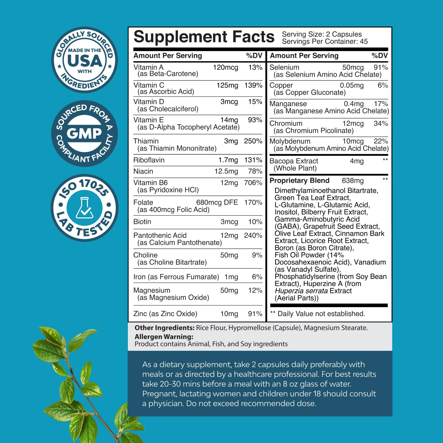 Nootropic Brain Supplement for Memory and Focus Support - Vitamins for Mental Support & Clarity with Bacopa Monnieri, VIT A, B6, Riboflavin, Niacin, Thiamin & Folate - Cognitive Complex - 90 Count Natures Craft Au supplements