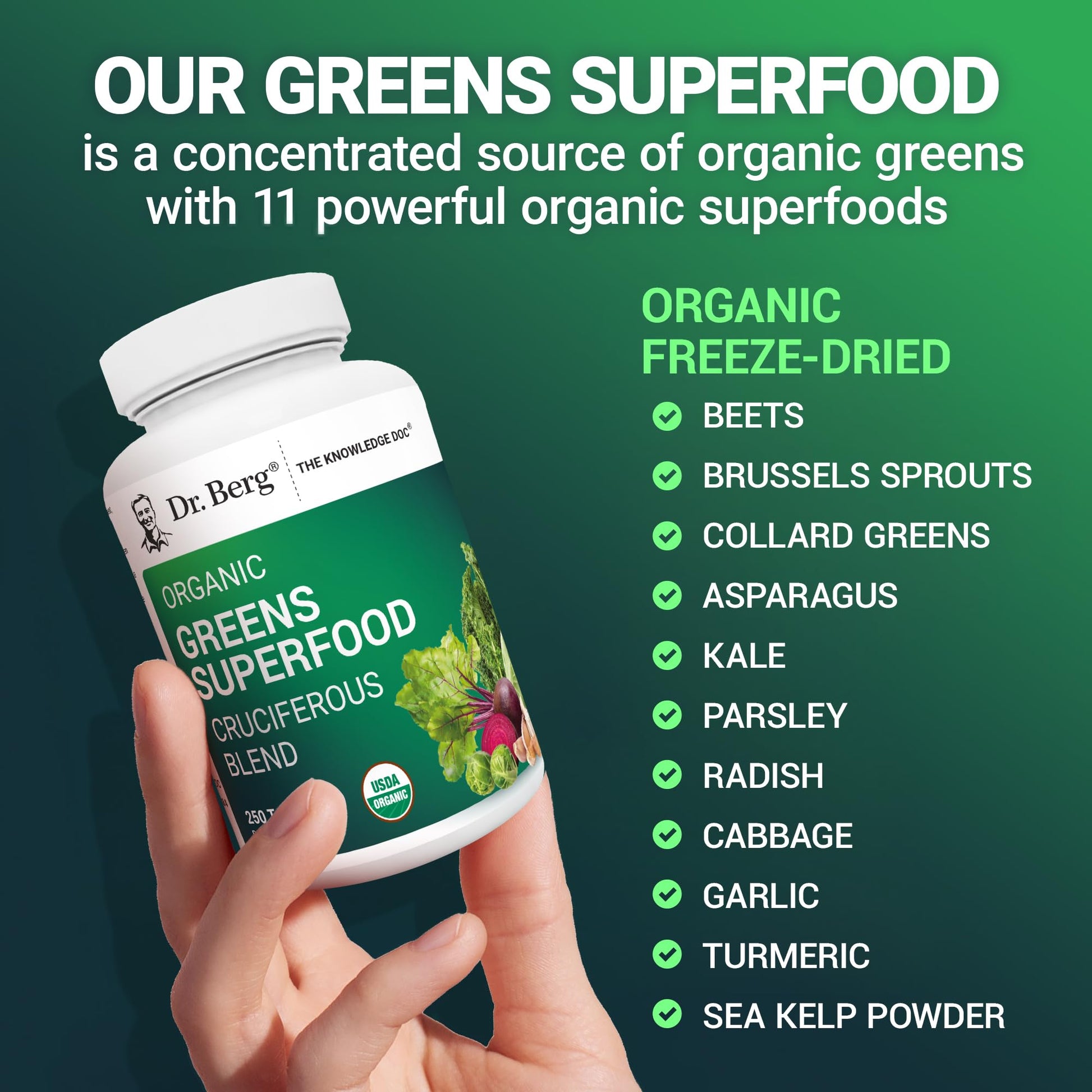 Dr. Berg's Greens Superfood Cruciferous Vegetable Tablets - Vegetable Supplements for Adults w/ 11 Phytonutrient Super Greens Tablets - Energy, Immune System & Liver Veggie Tablets - 250 Tablets Dr. Berg Nutritionals Au supplements