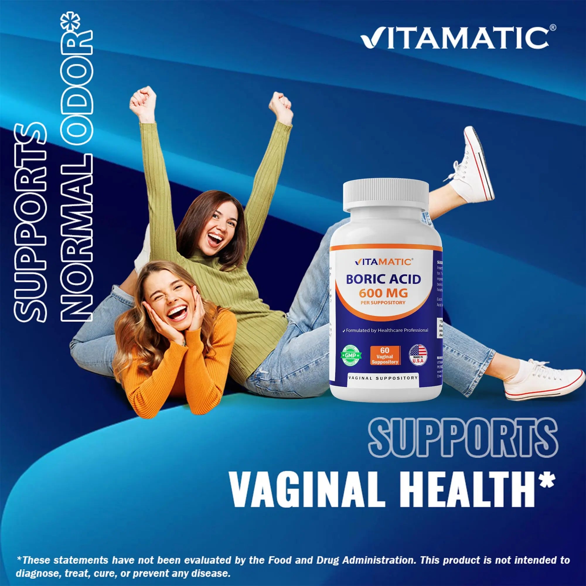 Vitamatic Boric Acid Vaginal Capsule Shell Suppositories 600 mg USP Grade Boric Acid in Vegetarian Capsule Shell - 60 Count Vitamatic Au supplements