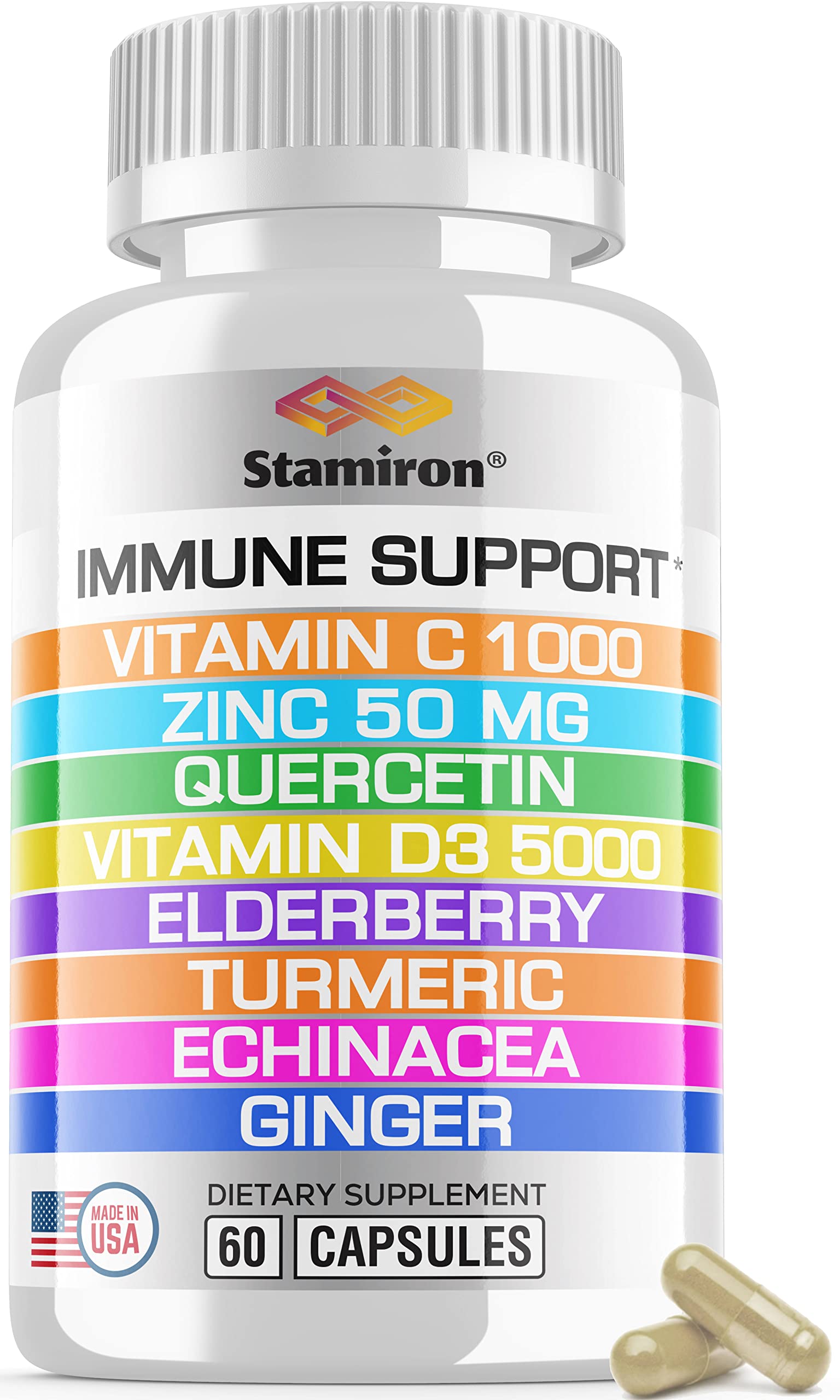 8 in 1 Immune Support with Quercetin Zinc 50mg Vitamin C 1000mg Vitamin D3 5000 IU and Elderberry Echinacea Ginger for Adults Kids - VIT D Supplement Veg Capsules Stamiron Au supplements