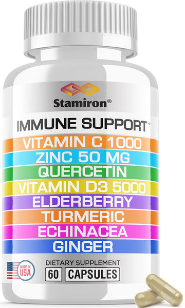 8 in 1 Immune Support with Quercetin Zinc 50mg Vitamin C 1000mg Vitamin D3 5000 IU and Elderberry Echinacea Ginger for Adults Kids - VIT D Supplement Veg Capsules Stamiron Au supplements