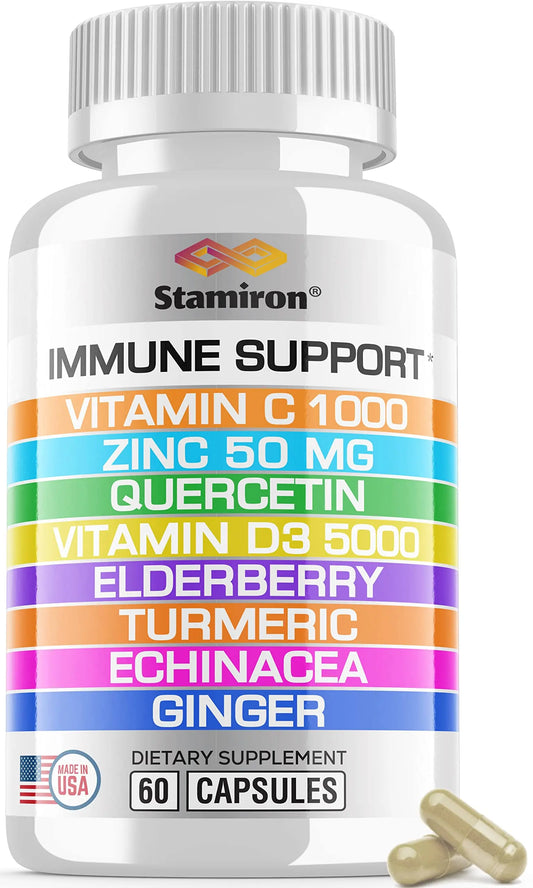 8 in 1 Immune Support with Quercetin Zinc 50mg Vitamin C 1000mg Vitamin D3 5000 IU and Elderberry Echinacea Ginger for Adults Kids - VIT D Supplement Veg Capsules StamironAU supplements