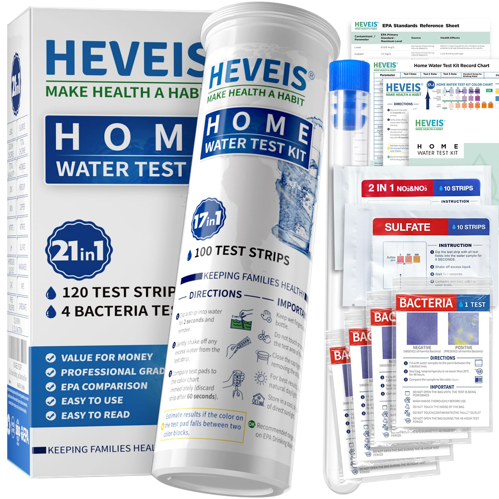 21-in-1 Home Drinking Water Testing Kit - 120 Strips + 4 Bacteria Tests - Tap and Well Water Test Kit, Easy to Test and Read for Hardness, Lead, Iron, Fluoride, pH, Copper, Bacteria and More HEVEISUS supplements