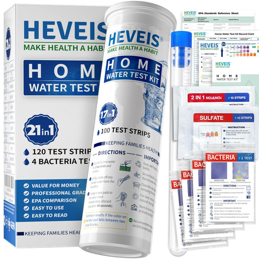 21-in-1 Home Drinking Water Testing Kit - 120 Strips + 4 Bacteria Tests - Tap and Well Water Test Kit, Easy to Test and Read for Hardness, Lead, Iron, Fluoride, pH, Copper, Bacteria and More HEVEISUS supplements