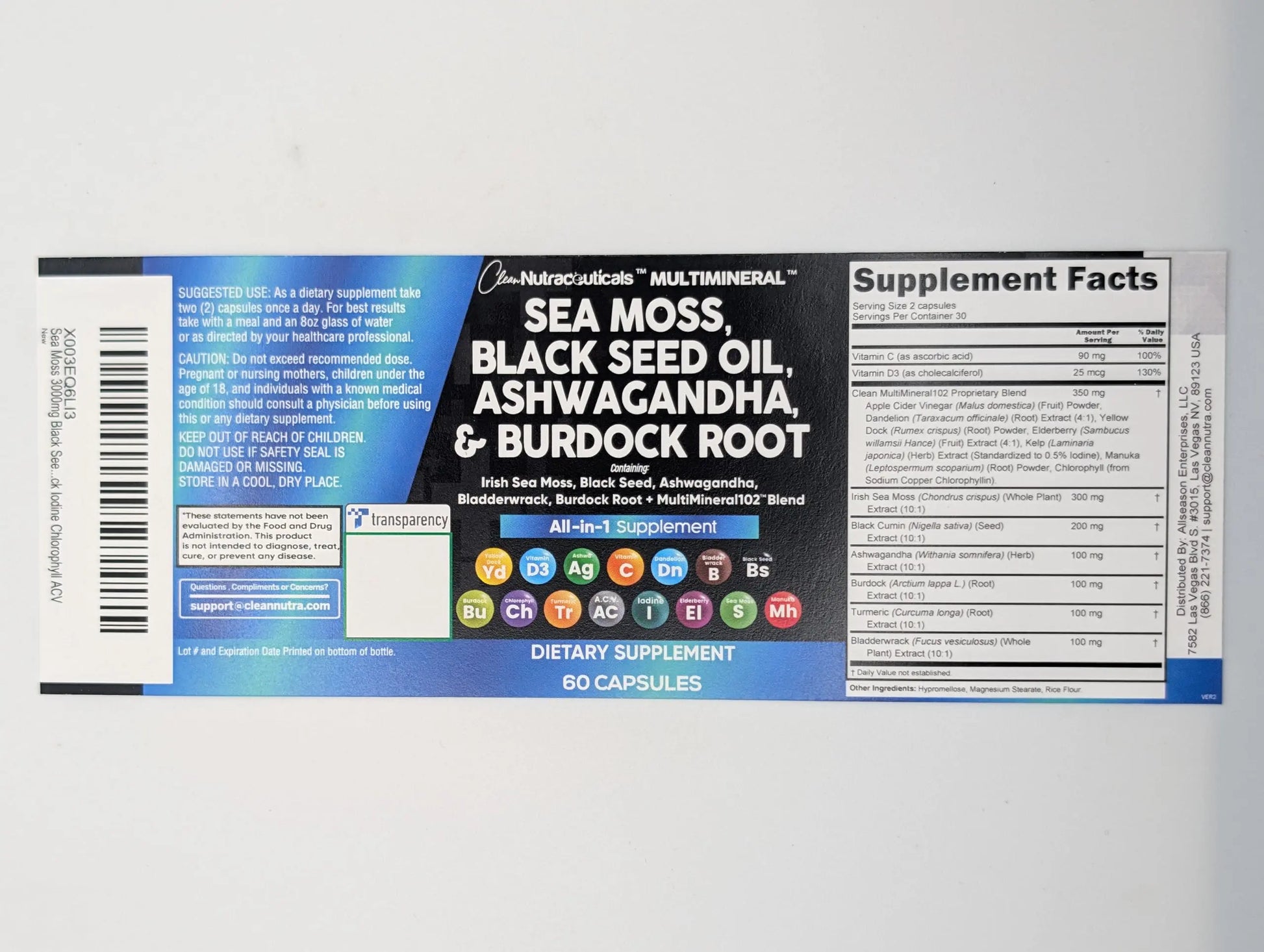Sea Moss Black Seed Oil Ashwagandha Turmeric Bladderwrack Burdock & Vitamin C Vitamin D3 with Elderberry Manuka Dandelion Yellow Dock Iodine Chlorophyll ACV - 5Pack Clean Nutraceuticals Au supplements
