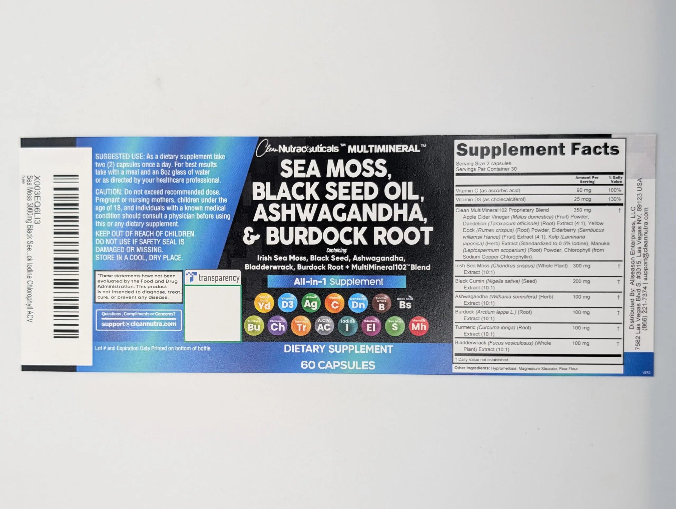 Sea Moss Black Seed Oil Ashwagandha Turmeric Bladderwrack Burdock & Vitamin C Vitamin D3 with Elderberry Manuka Dandelion Yellow Dock Iodine Chlorophyll ACV - 5Pack Clean Nutraceuticals Au supplements