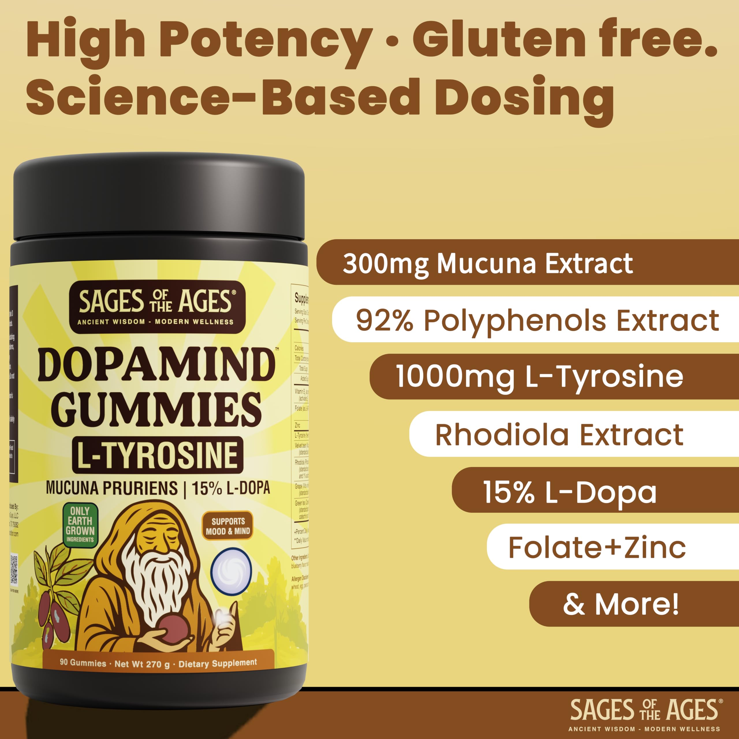 Sages Of The Ages L-Tyrosine Gummies 1000mg – Amino Acid Supplement with Mucuna Pruriens, B Vitamins & Rhodiola – Blueberry Flavor – 90 Gummies Sages Of The Ages Au supplements