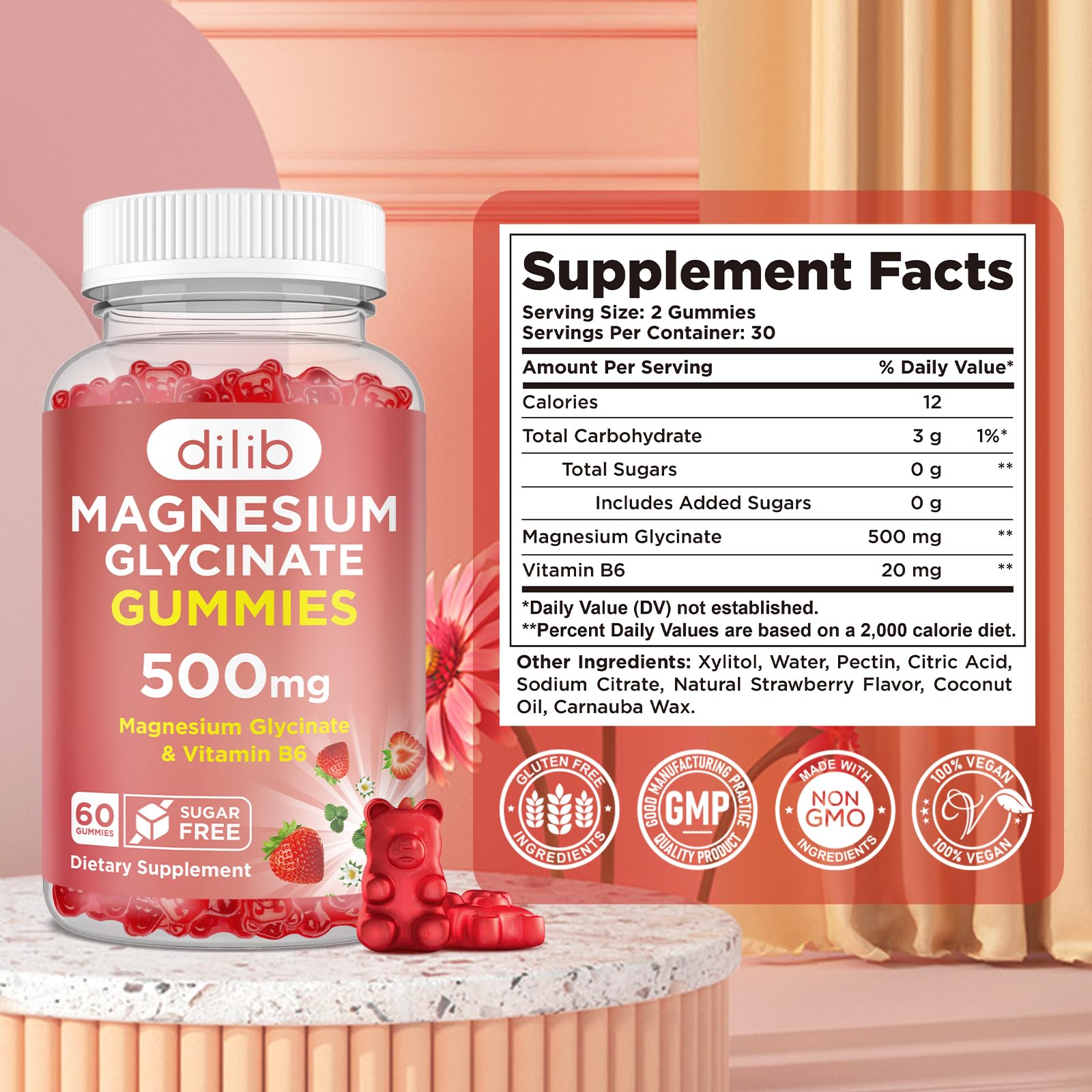 Magnesium Glycinate Gummies 500mg - Magnesium Supplement with Vitamin B6 for Adults & Magnesium for Kids - Calm Magnesium for Sleep, Mood, Muscle Support - Strawberry Flavor, 60 Gummies dilib Au supplements