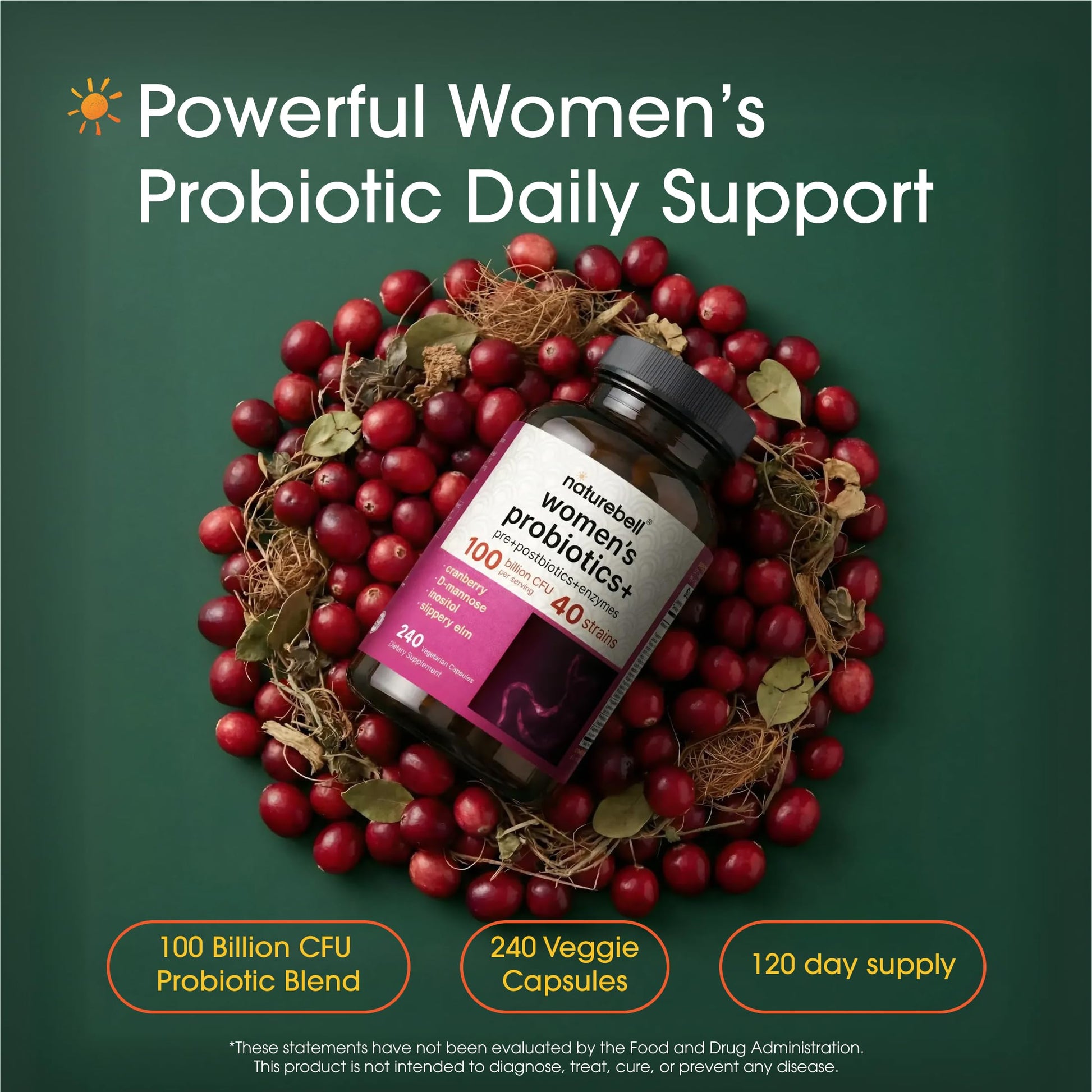 NatureBell Women's Probiotics+ - 240 Vegetarian Capsules - Prebiotic, Probiotic, Postbiotic & Digestive Enzymes - Made with Cranberry, D-Mannose, Inositol & More NatureBell Au supplements