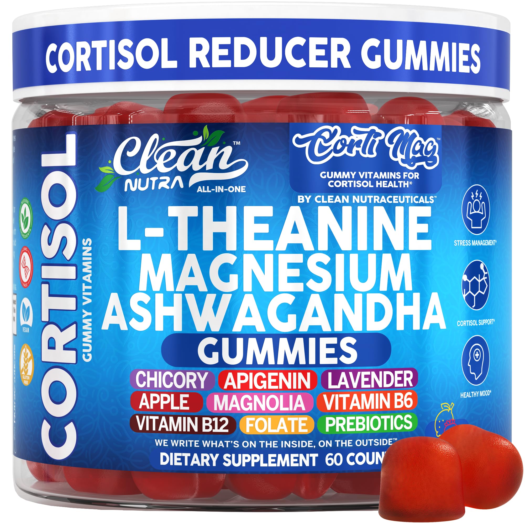 Clean Nutra Cortisol Supplement Gummies L-Theanine Magnesium Ashwagandha Apigenin Vitamin B6 Sleep and Calm Support Lavender Chicory Prebiotic Advanced Gummy Formula Clean Nutraceuticals Au supplements