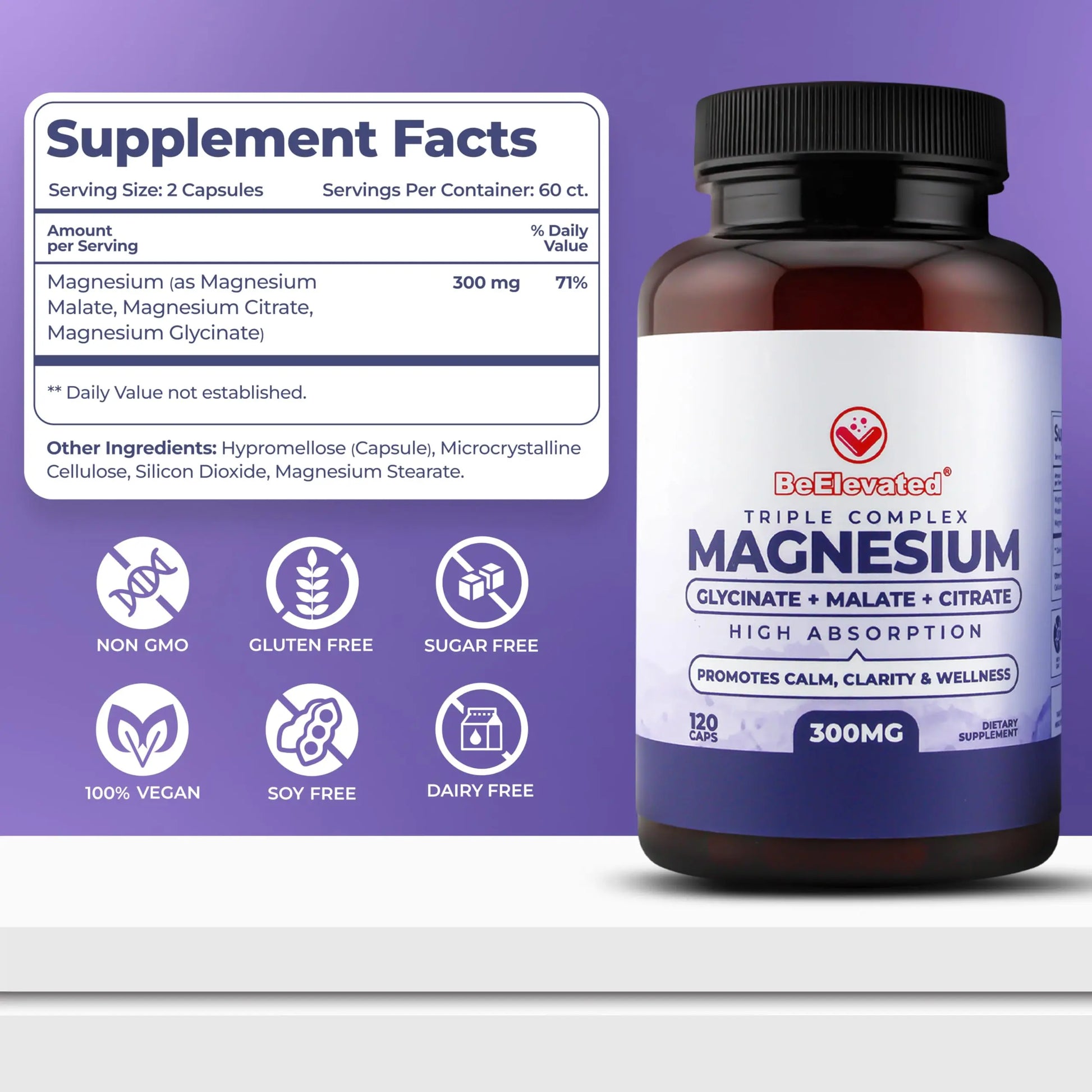 BeElevated High Absorption Triple Magnesium Complex for Sleep, Relaxation & Muscle Support – 300mg of Magnesium Glycinate, Citrate & Malate – Gentle on Stomach – Non-GMO, Vegan – 120 Capsules BeElevated Au supplements