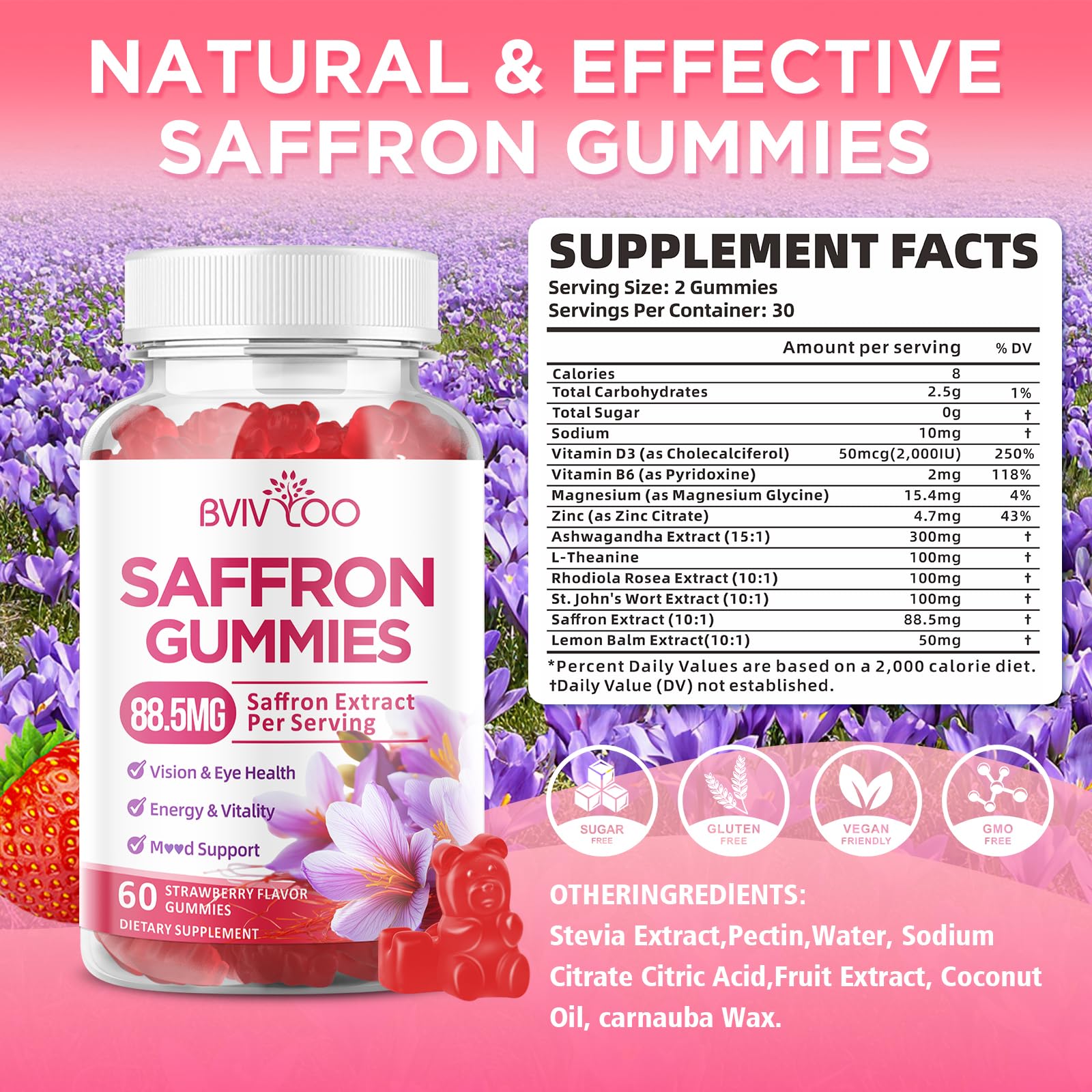 Saffron Gummies for Adult Kids, 10-IN-1 Formula with Saffron 88.5mg, Vitamins D3 & B6, Magnesium, Zinc, Ashwagandha, L-Theanine, St. John's Wort - Supports Mood & Focus, Strawberry Flavor, 60 Count BVIVLOO Au supplements