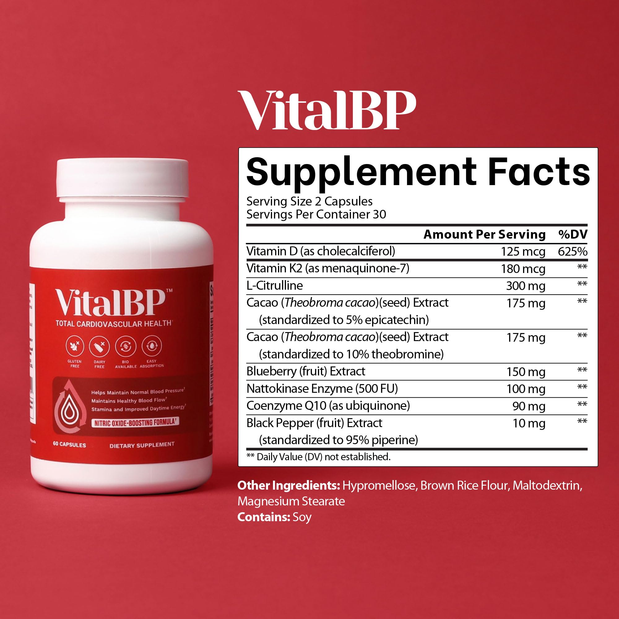 Vital BP - Support for Normal Blood Pressure - Supports Blood Flow & Arteries - with CoQ10, L-Citrulline, and K2 & D3-60 Capsules VitalBP Au supplements