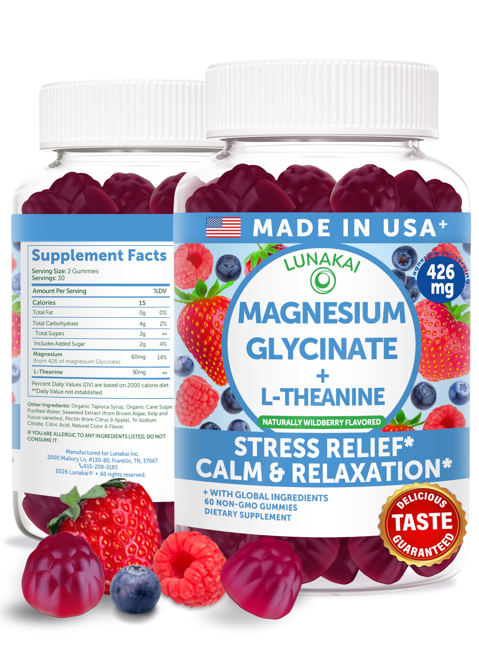 Lunakai USA Made Magnesium Glycinate Gummies 426mg with L-Theanine – Calm, Sleep, Stress Relief for Adults & Kids, Non-GMO, Vegan, 60ct Lunakai Au supplements