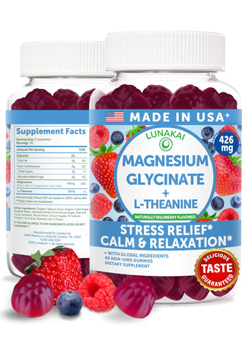 Lunakai USA Made Magnesium Glycinate Gummies 426mg with L-Theanine – Calm, Sleep, Stress Relief for Adults & Kids, Non-GMO, Vegan, 60ct Lunakai Au supplements