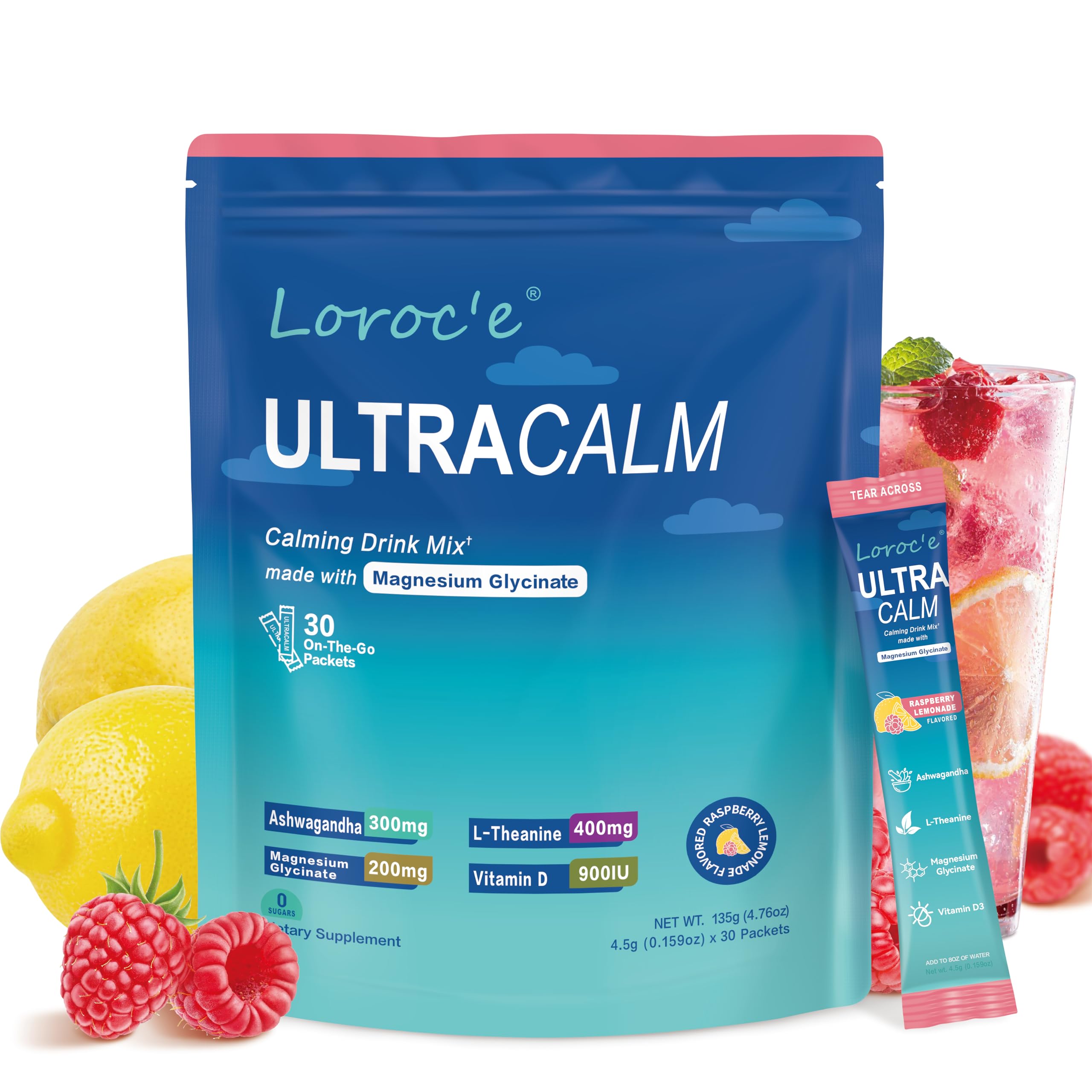 UltraCalm Super Cortisol Drink with Magnesium Glycinate, Ashwagandha, L-Theanine, Vitamin D3, Magnesium Powder for Sleep & Stress Relief, Raspberry Lemonade (30 Servings) Loroc'e Au supplements