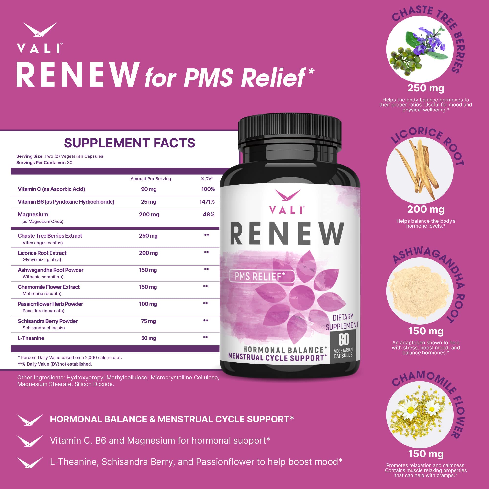 VALI Renew PMS Relief Supplement. Women’s Menstrual Cycle Support. Herbal Formula VALI Au supplements