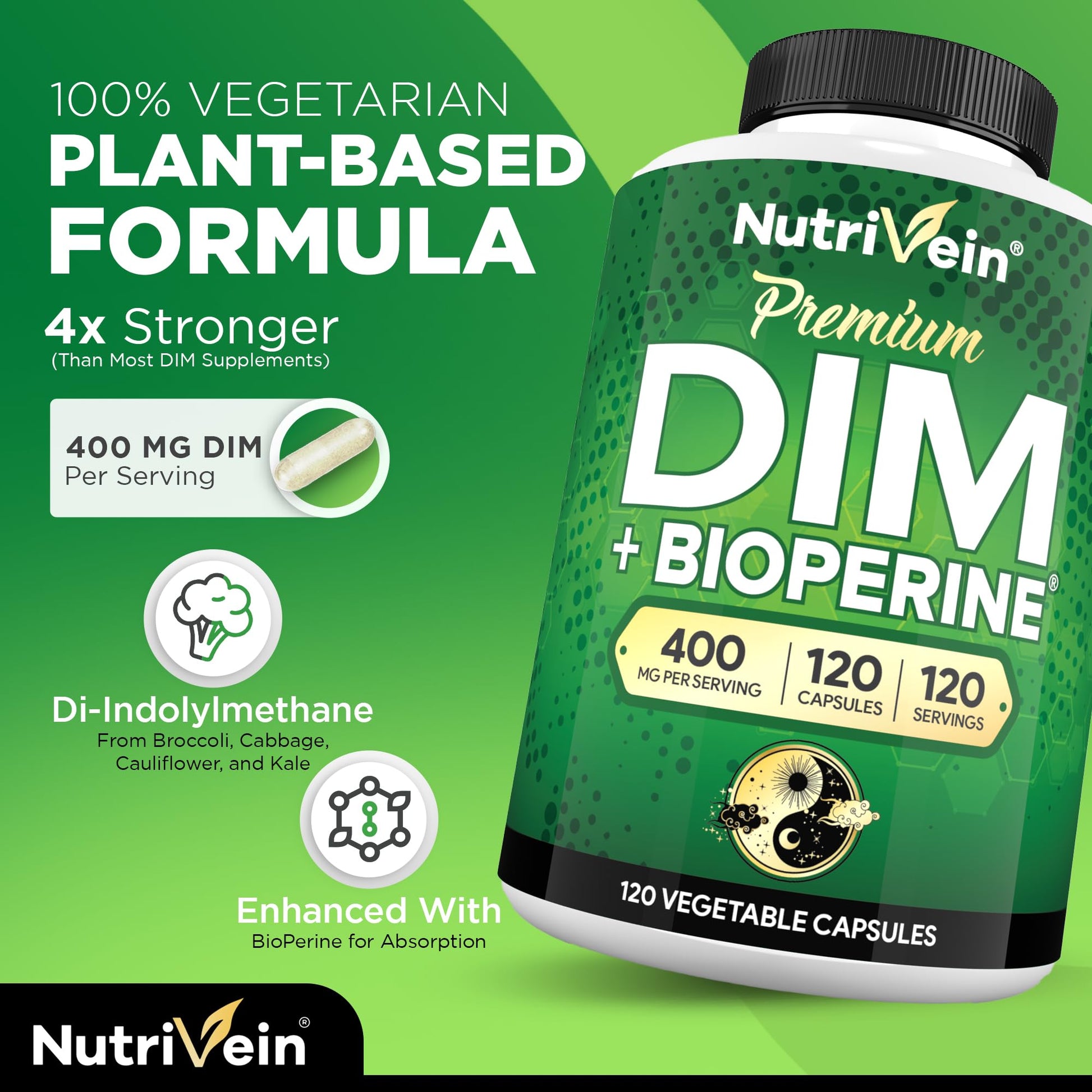 Nutrivein Premium DIM Supplement 400 mg Daily - 120 Servings (120 Capsules): Diindolylmethane for Women and Men - Plus Bioperine - Estrogen Supplement - Menopause and Middle Age Support Nutrivein Au supplements
