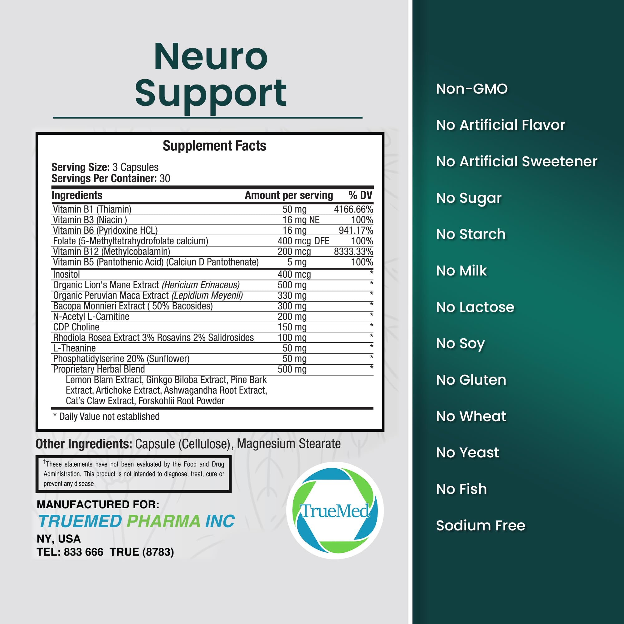 TrueMed Neuro Support - Premium Nootropic Supplement for Focus, Energy, Mental Clarity, and Performance Organic Lion’s Mane, Bacopa Monnieri, Rhodiola, Non-GMO Gluten-Free CDP Choline 90 Veg Capsules TRUEMED Au supplements