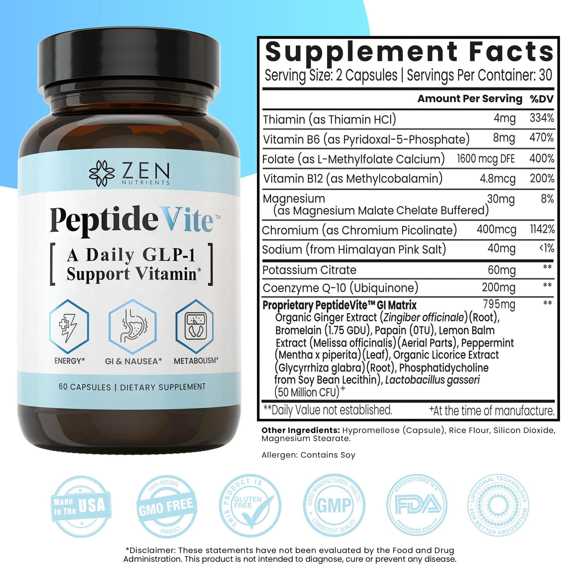 Zen Nutrients PeptideVite GLP-1 Support Vitamin for Gut Health with Probiotics, Bromelain, Chromium Picolinate & Organic Ginger (60 Capsules) Zen Nutrients Au supplements