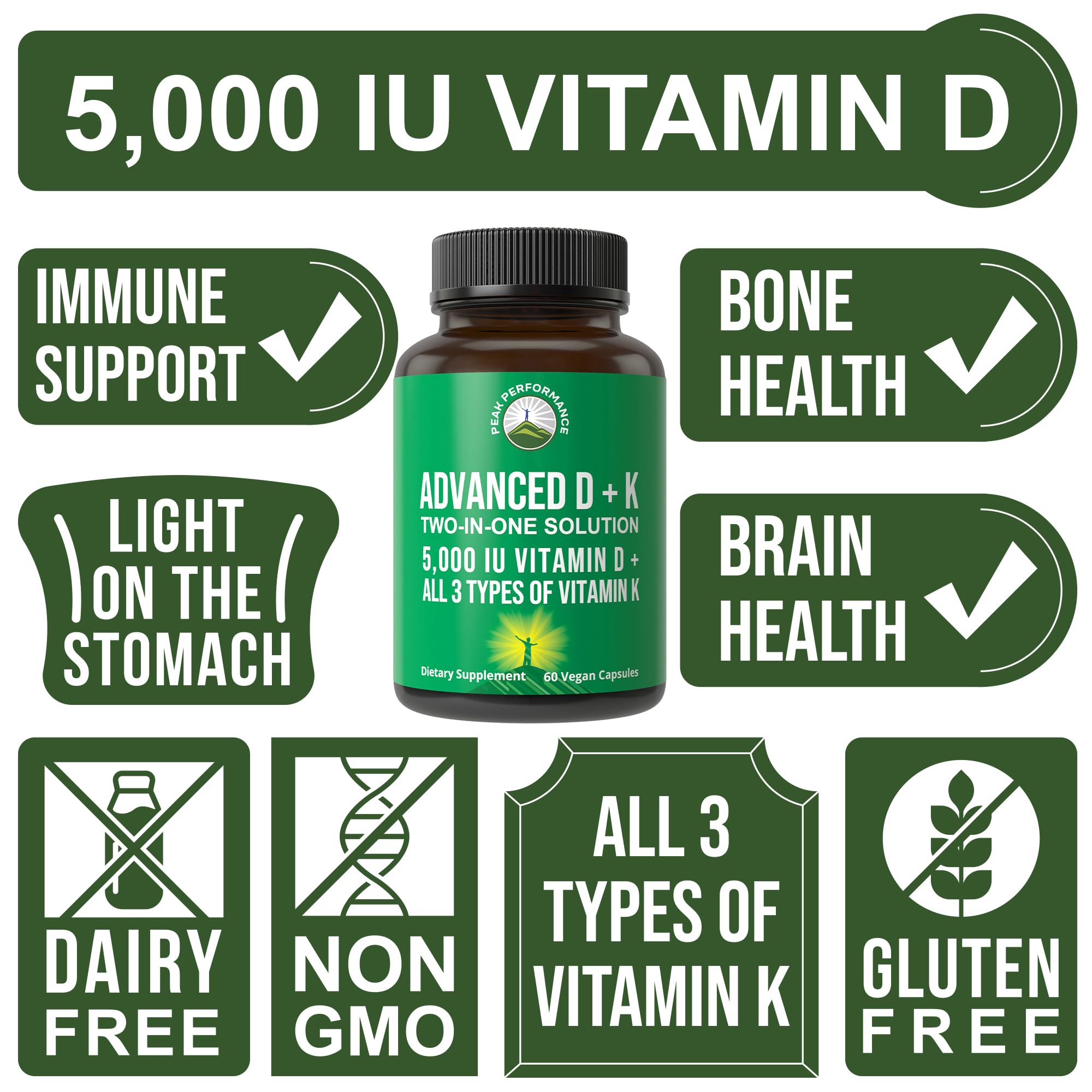Peak Performance Advanced Vitamin D 5000 IU with All 3 Types of Vitamin K Vitamin D3 and Vitamin K2, K1, MK-7 (MK7), MK4 Supplement - 60 Small and Easy to Swallow Vegetable Pills Peak Performance Au supplements