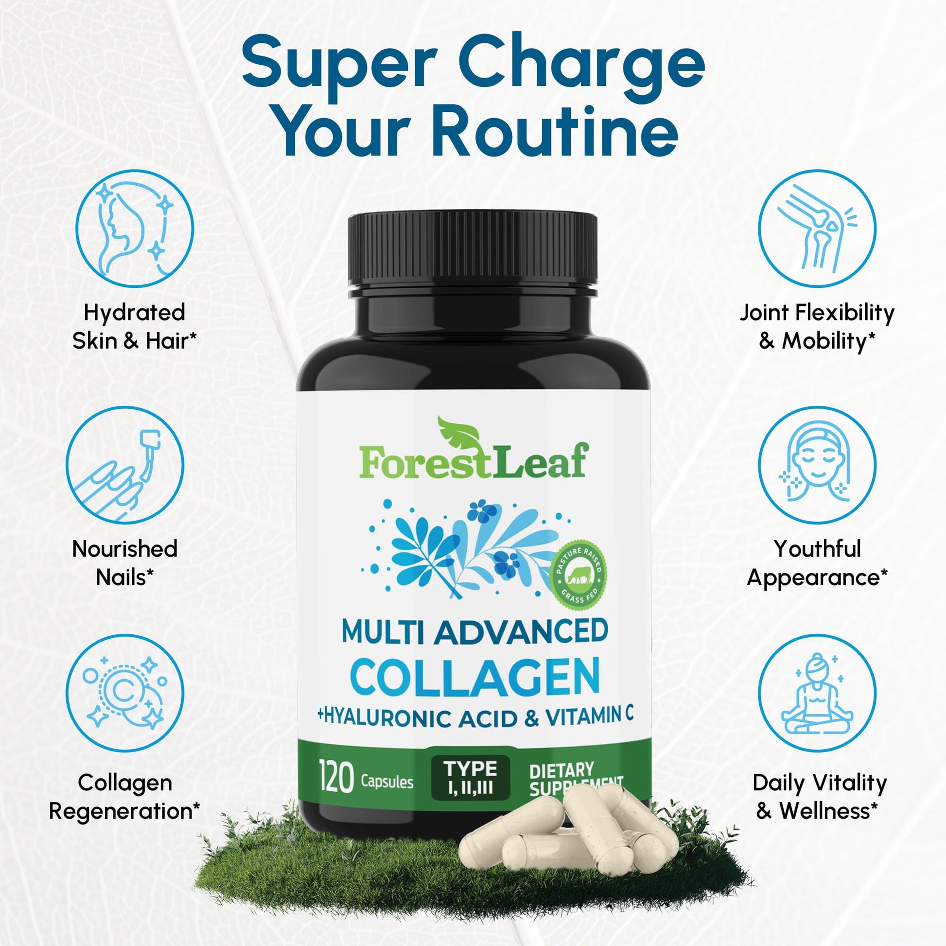 ForestLeaf Multi Collagen Pills with Hyaluronic Acid + Vitamin C | Hydrolyzed Collagen Supplements for Women or Men | Multi Collagen Capsules Peptides for Skin, Wrinkles, 120 Caps ForestLeaf Au supplements