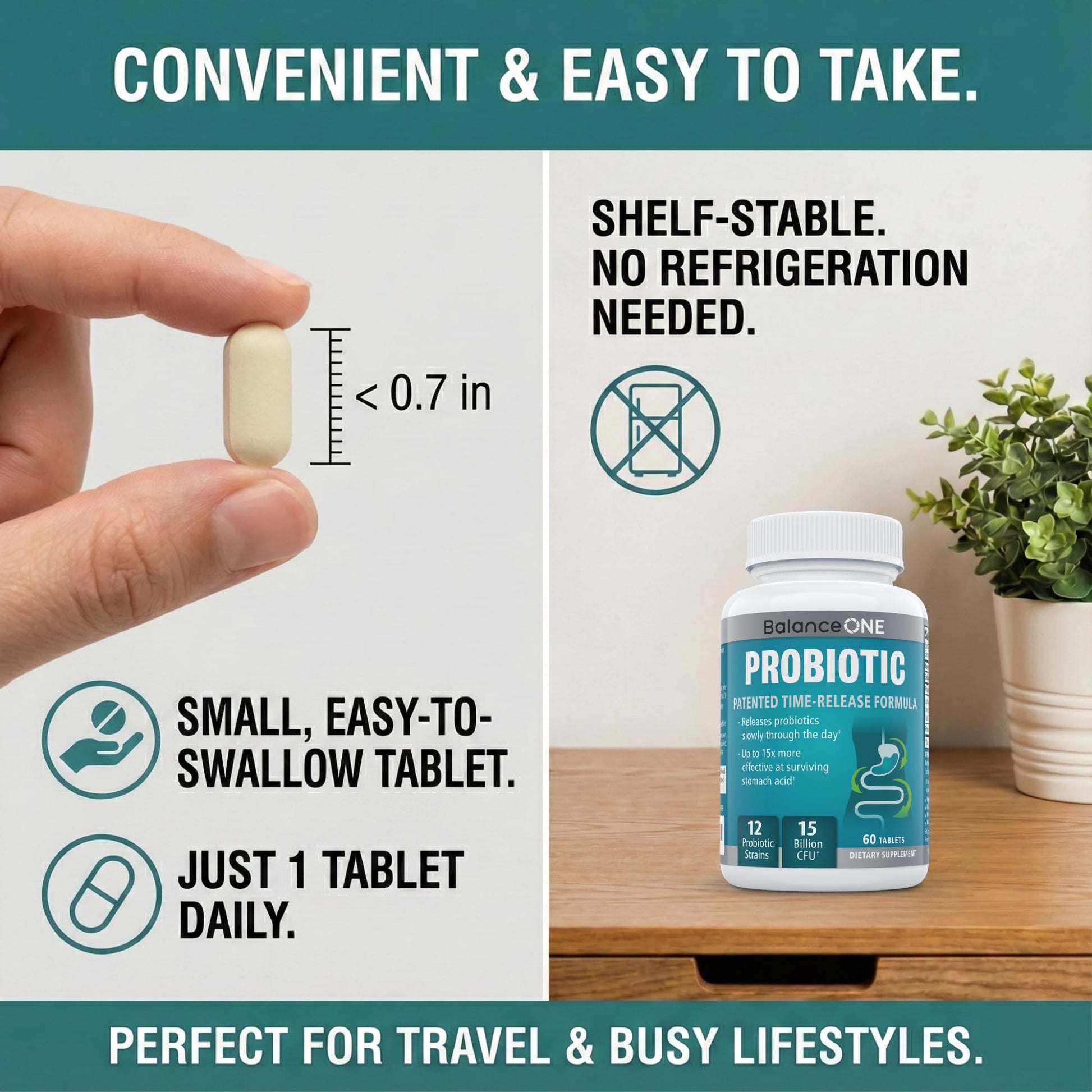 Balance ONE Time Release Probiotic – 15 Billion CFU – 12 Strains Including L. Plantarum – 15x More Survival Than Capsules – Bloating & Gas Relief – Gut & Digestive Health for Women & Men – 60 Tablets Balance ONE Au supplements