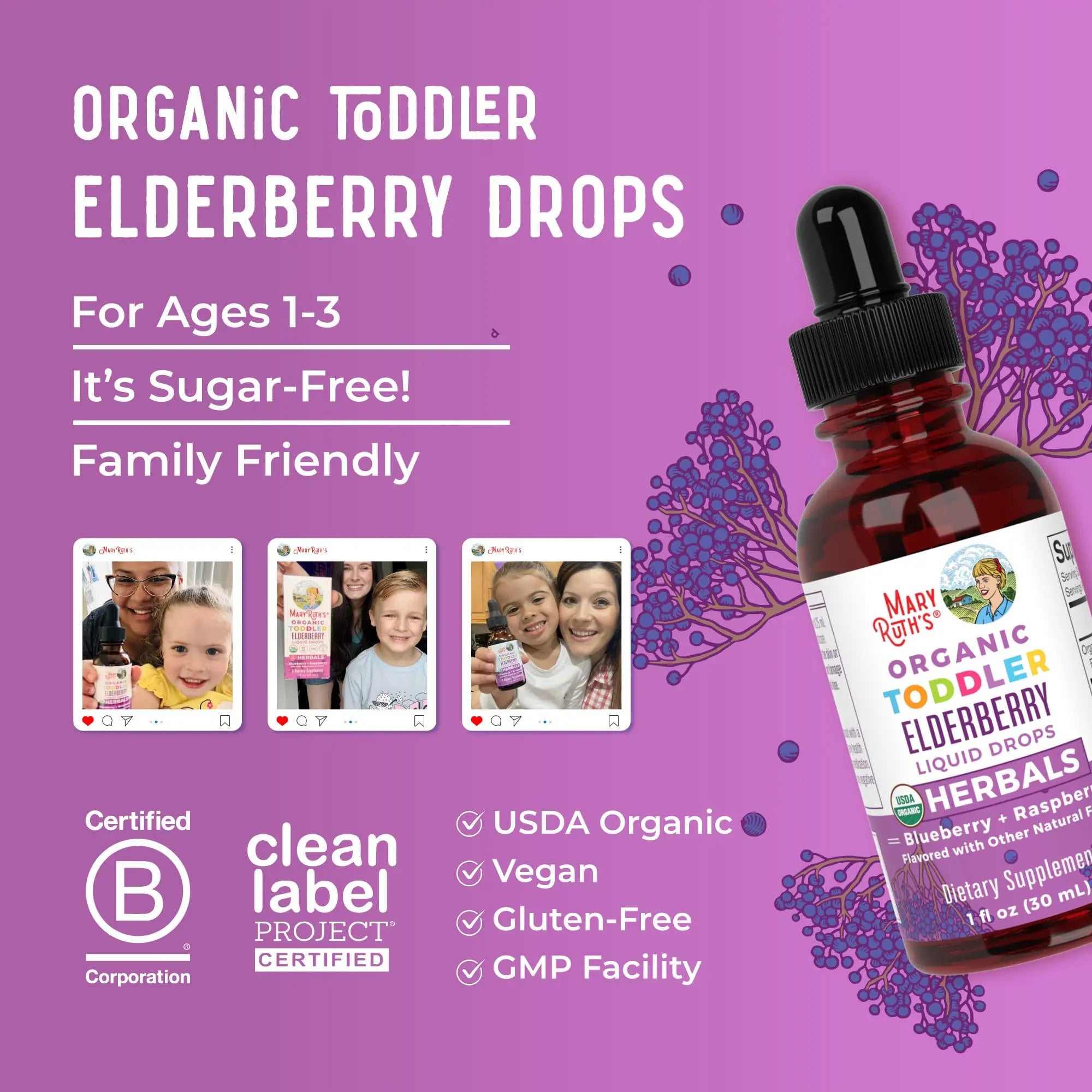 MaryRuth Organics Toddler Elderberry Syrup, USDA Organic Elderberry, Sugar Free Kids Immune Support Supplement for Ages 1-3 Years, Clean Label Project Verified®, Vegan, Non-GMO, Gluten Free, 1 Fl Oz MARYRUTH'S Au supplements