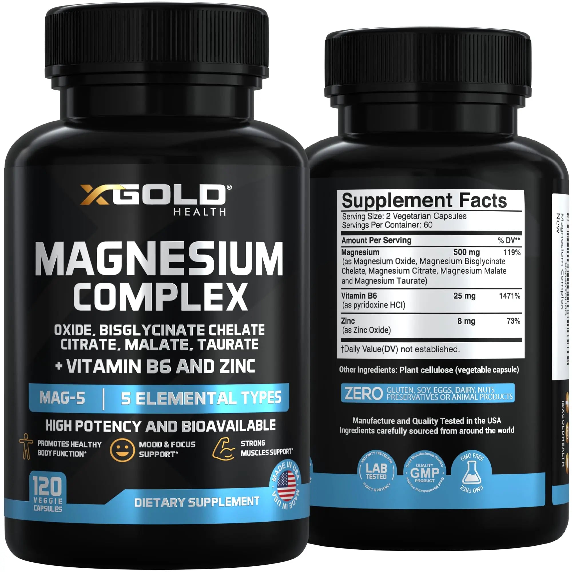 X Gold Health Magnesium Complex 5-in-1 with Zinc & B6 High Absorption Capsules (Glycinate, Citrate, Malate, Taurate, Oxide) Muscle Recovery, Energy, Sleep Support & Immune Health 500mg Made in USA X Gold Health Au supplements