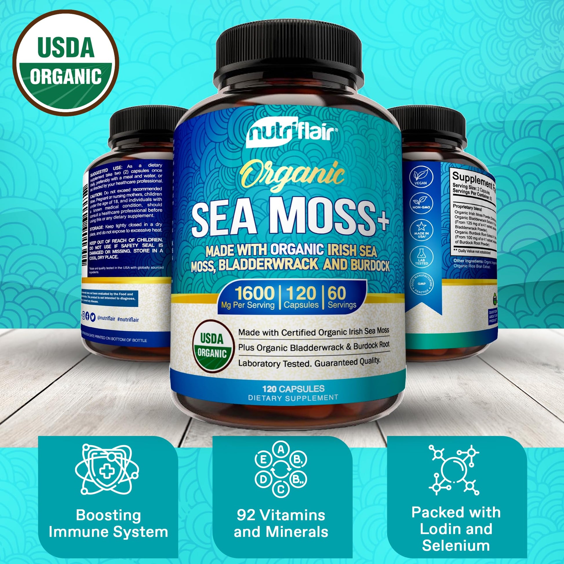 NutriFlair Organic Sea Moss 1600mg, 120 Capsules Plus Bladderwrack & Burdock - Prebiotic Super Food - Immune System & Digestive Health - Thyroid, Healthy Skin, Keto Detox, Gut NutriFlair Au supplements