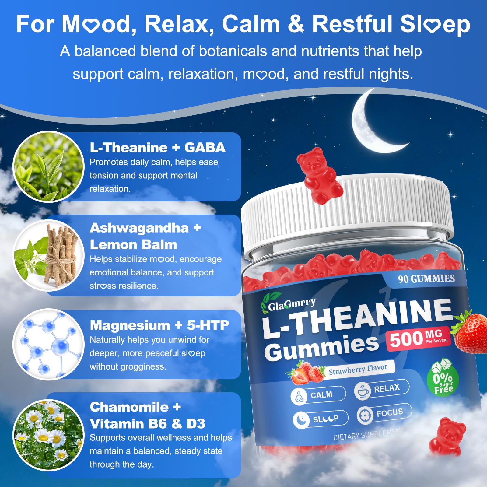 GlaGmrry 90 Count | L Theanine Gummies, L Theanine Supplement for Adults & Kids, w/Ashwagandha, Magnesium, GABA & 5-HTP, Sugar Free Liposomal Formula for Calm Relax zzZ M♡♡d & Focus, Vegan GlaGmrry Au supplements