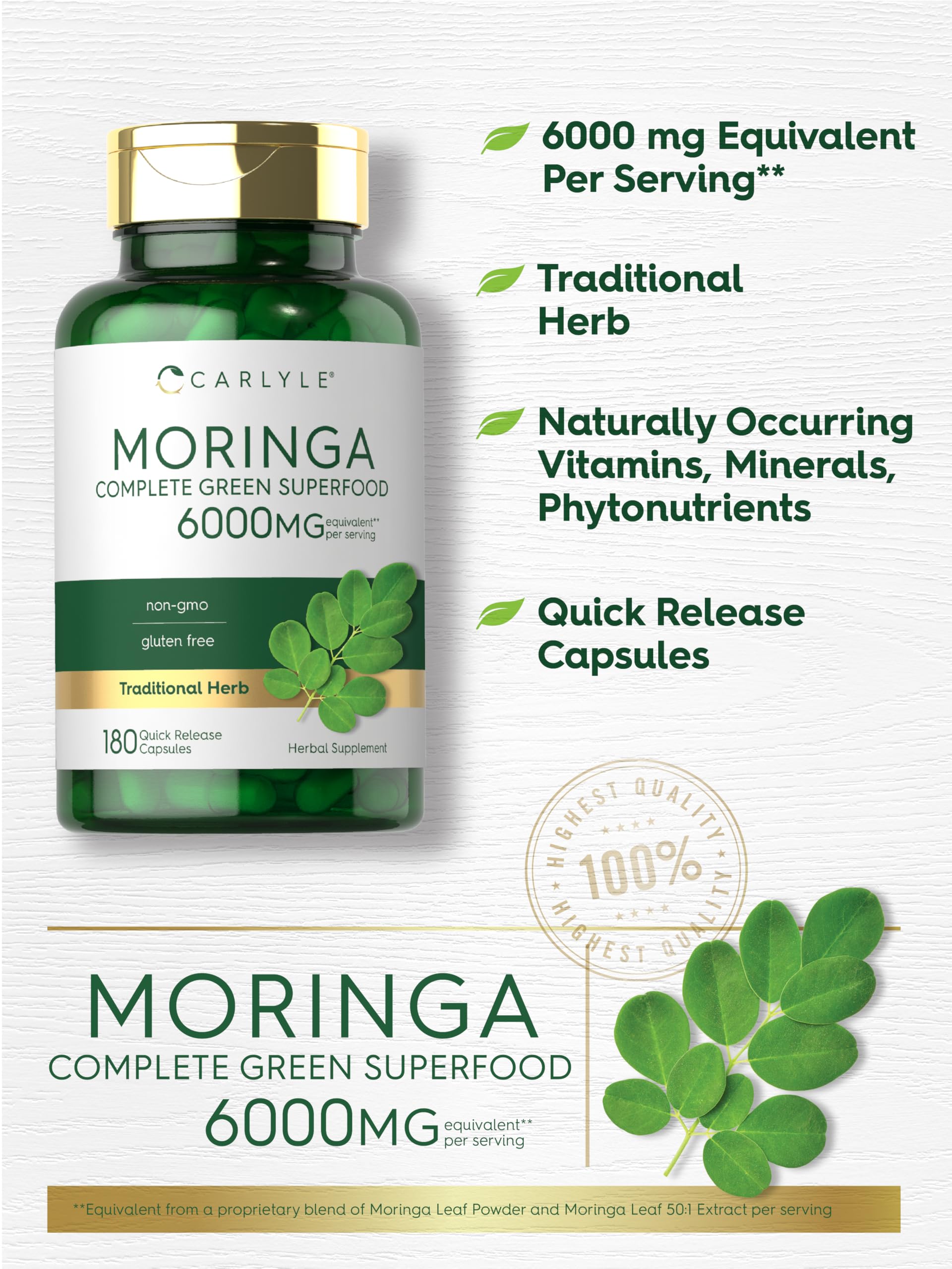 Carlyle Moringa Oleifera Supplement | 180 Capsules | Complete Green Superfood for Women and Men | Non-GMO and Gluten Free | from Moringa Leaf Powder Carlyle Au supplements