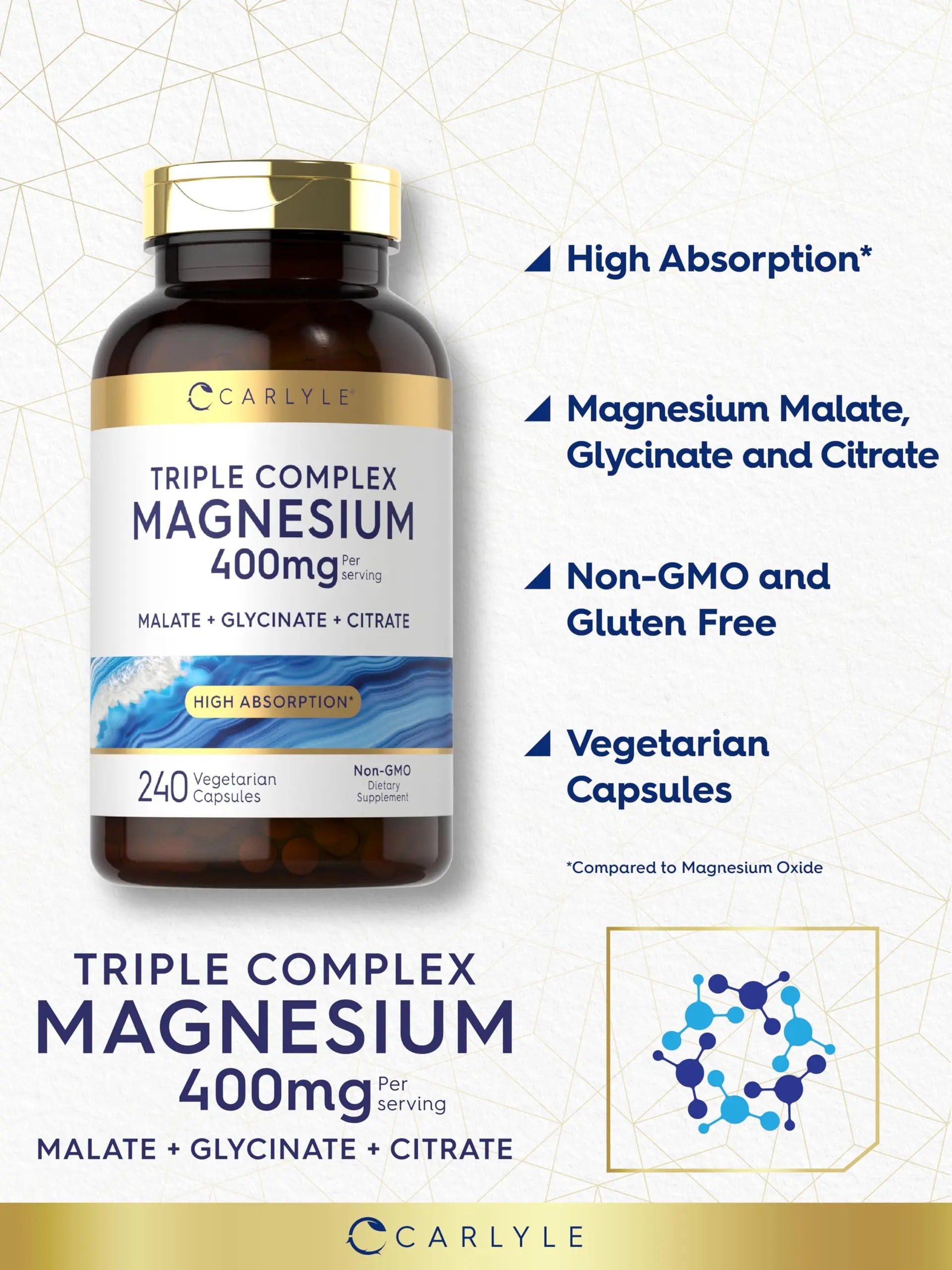 Carlyle Triple Magnesium Complex | 400 mg | 240 Capsules | Magnesium Malate, Glycinate & Citrate | Vegetarian, Non-GMO, and Gluten Free Supplement Carlyle Au supplements
